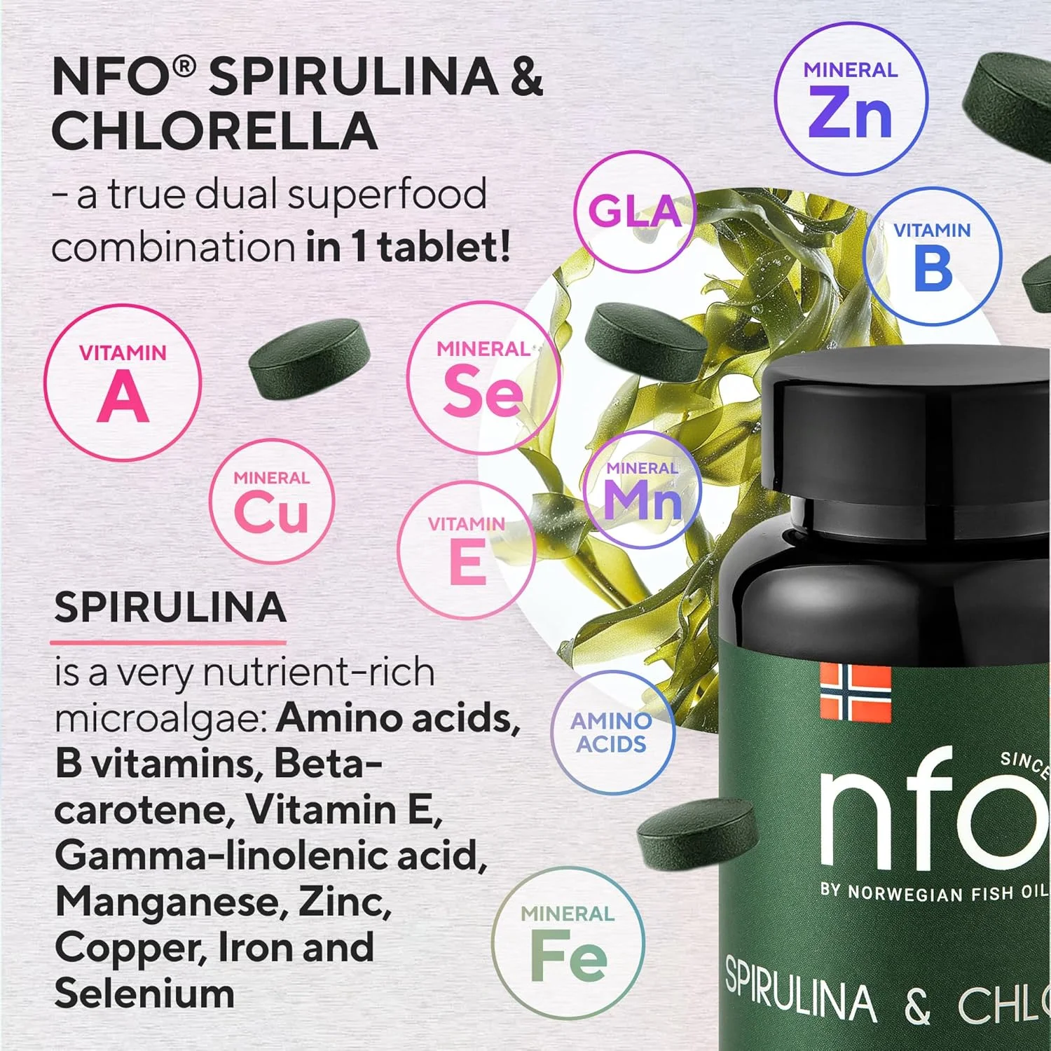 NFO اسپیرولینا و کلرلا [260 قرص] کمپلکس طبیعی با دوز بالا، ترکیبی دوگانه و واقعی از سوپرفودها در 1 قرص برای حداکثر مزایای سینرژیک، ساخت فنلاند