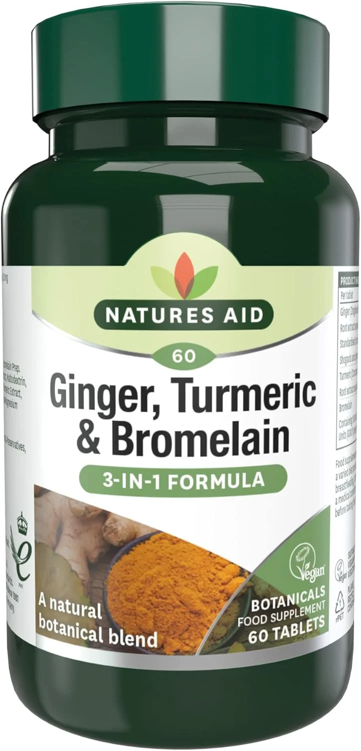 نِیچرز اِید زنجبیل، زردچوبه و بروملین | فرمول 3 در 1 | با ترکیب گیاهی طبیعی | 60 قرص