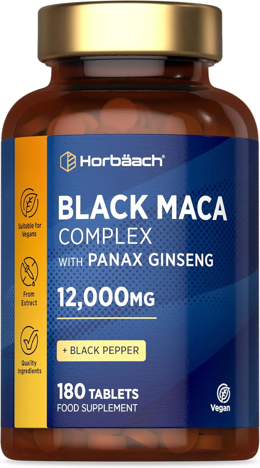 کمپلکس ماکا سیاه Horbäach 6000 میلی گرم | 180 قرص گیاهی | 100% ماکا سیاه پرویی، عصاره ریشه ماکا، جینسینگ پاناکس و فلفل سیاه | مکمل غیر GMO و بدون گلوتن (تامین 6 ماهه) نه کپسول