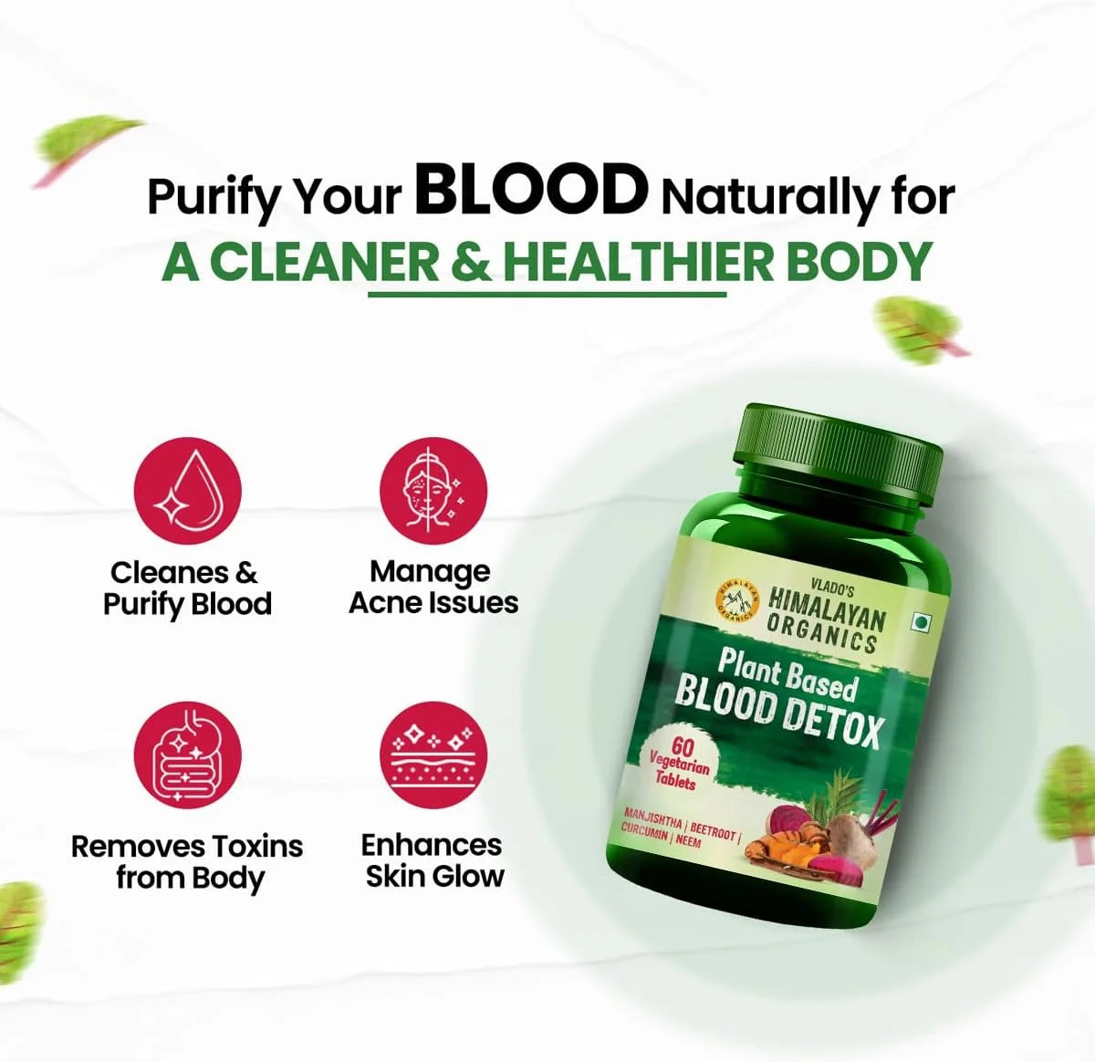 سم زدای خون هیمالیا ارگانیکس | عصاره های چغندر، زردچوبه و منجیستا | کنترل جوش و آکنه | پاک کننده و تصفیه کننده طبیعی - 60 قرص