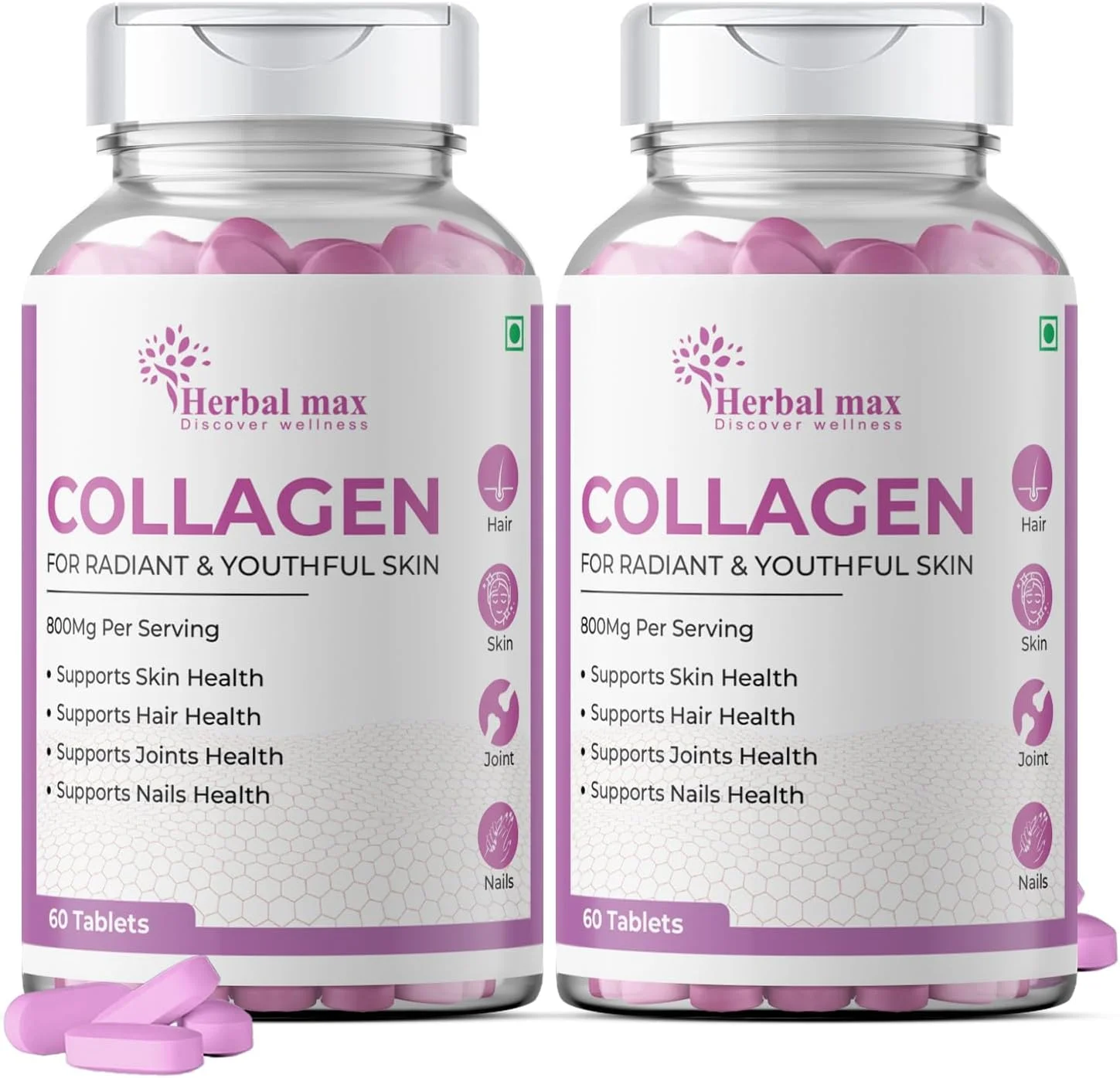 کلاژن Herbal max برای تقویت ترمیم و بازسازی پوست برای پوستی جوان و درخشان - 120 قرص 800 میلی گرمی، بسته 2 عددی