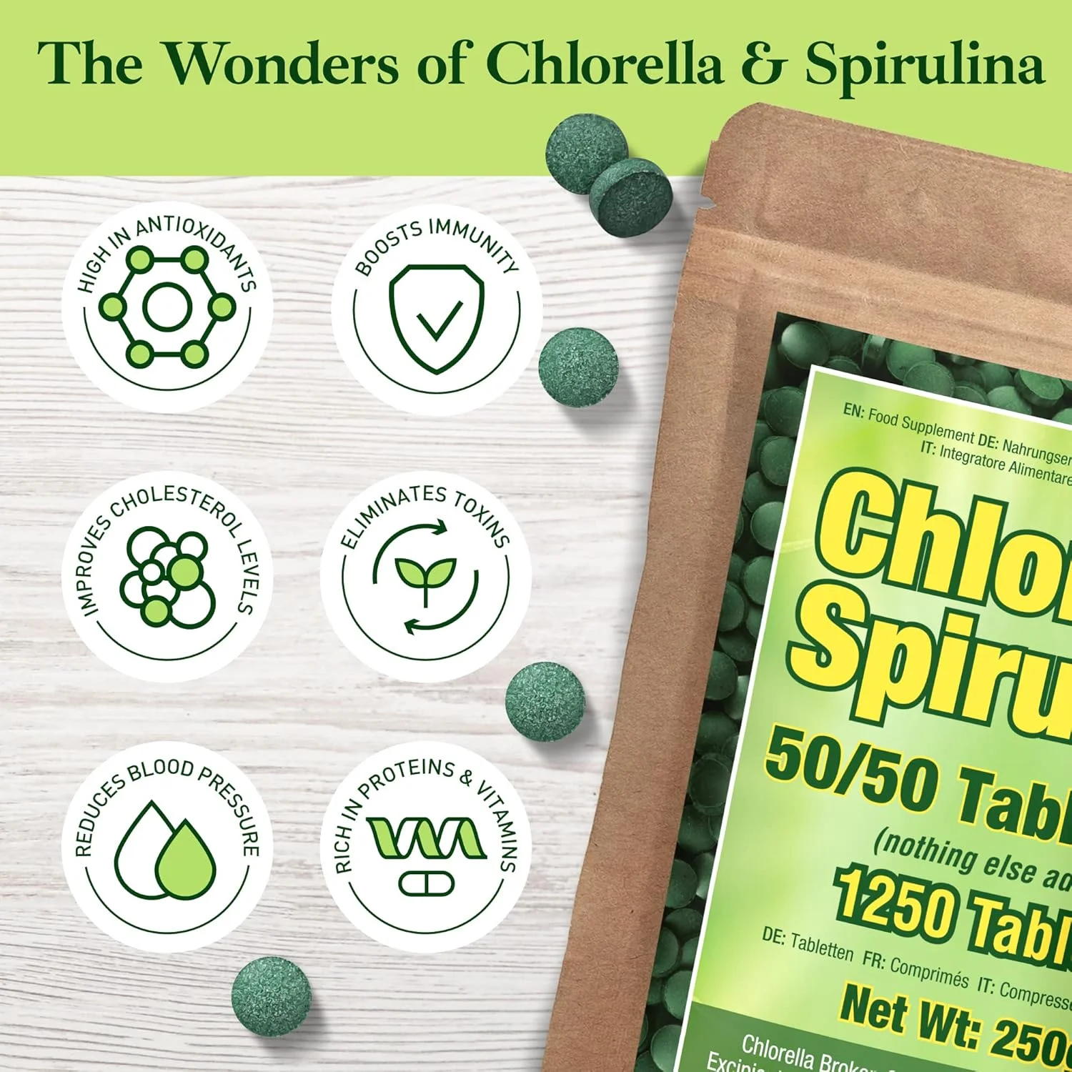 کلرلا اسپیرولینا پریمیوم گود نیچرد | 1250 قرص (تامین 4 ماهه) | غیر GMO | وگان | رشد یافته در نور خورشید | رنگ سبز تیره | دیواره سلولی شکسته | قلیایی کننده | پروتئین بالا با آهن و روی |