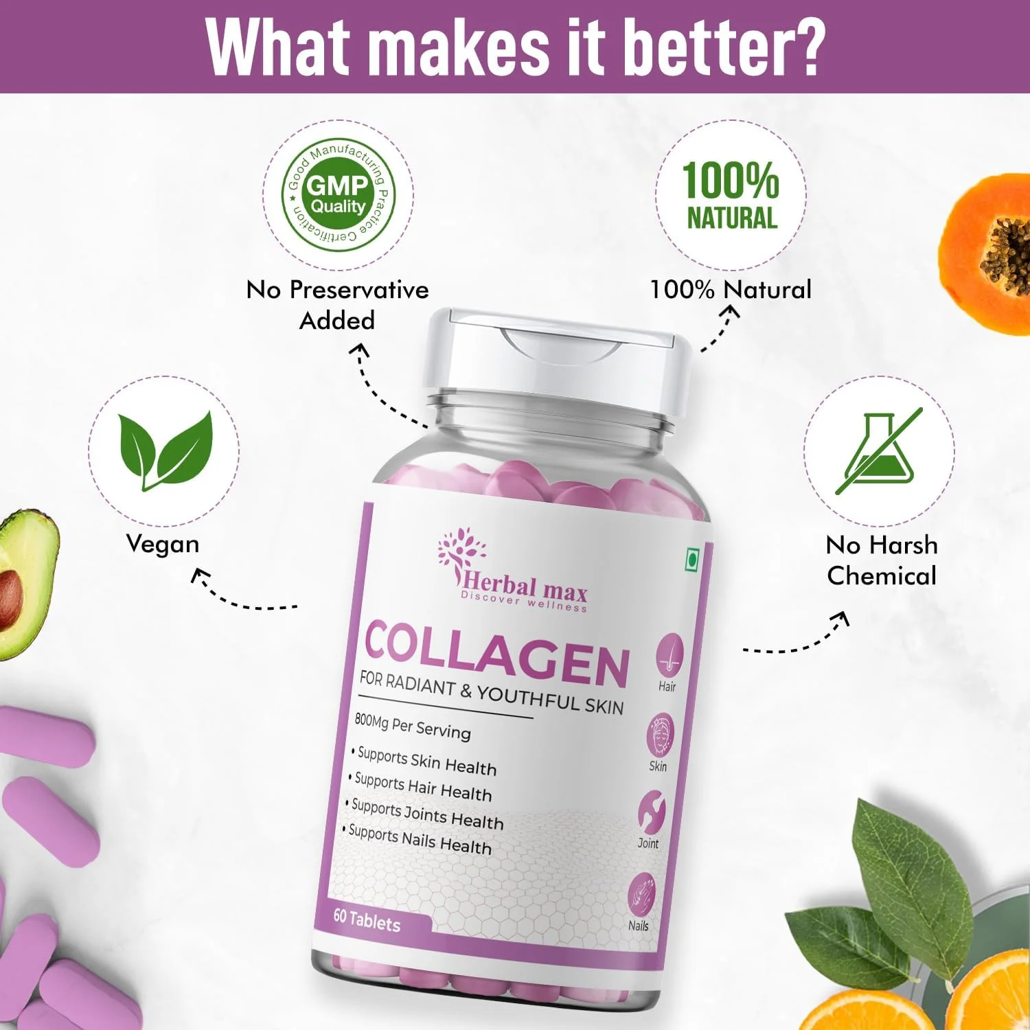 کلاژن Herbal max برای تقویت ترمیم و بازسازی پوست برای پوستی جوان و درخشان - 120 قرص 800 میلی گرمی، بسته 2 عددی