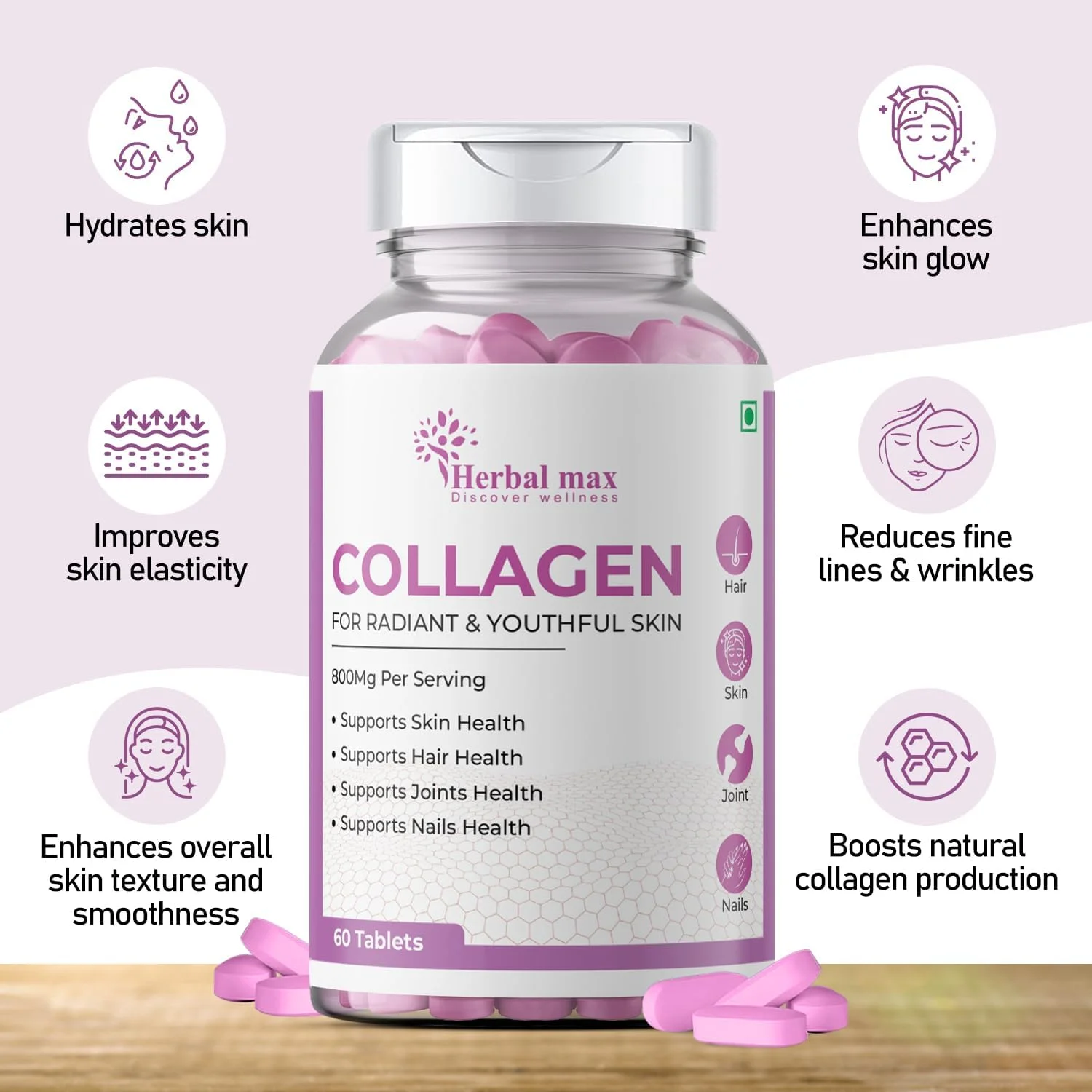 کلاژن Herbal max برای تقویت ترمیم و بازسازی پوست برای پوستی جوان و درخشان - 120 قرص 800 میلی گرمی، بسته 2 عددی