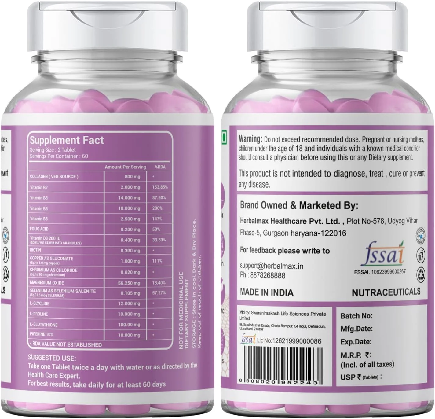 کلاژن Herbal max برای تقویت ترمیم و بازسازی پوست برای پوستی جوان و درخشان - 120 قرص 800 میلی گرمی، بسته 2 عددی