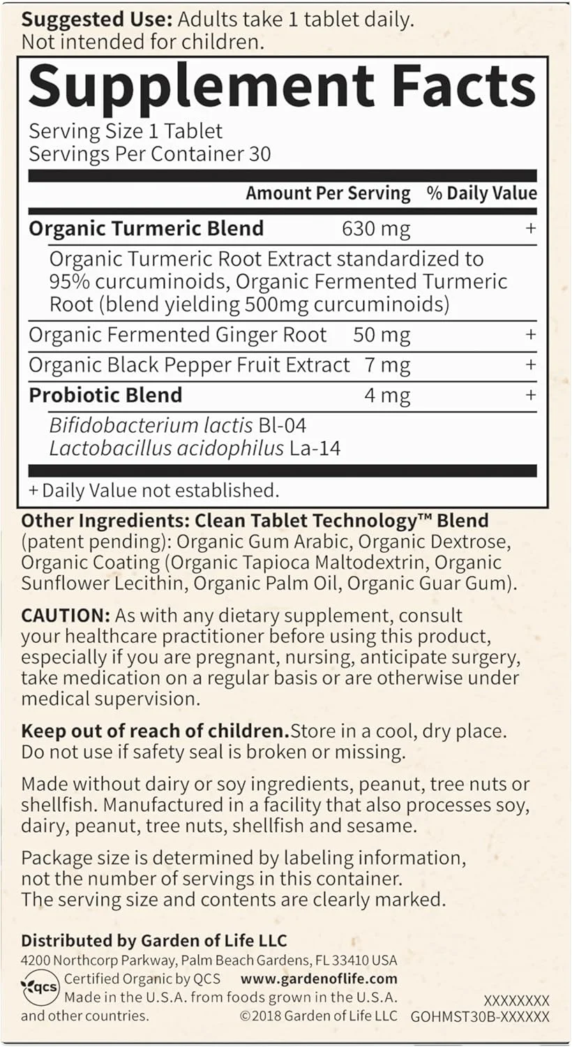 Garden of Life mykind Organics قرص های زردچوبه با حداکثر قدرت برای مفاصل و پشتیبانی از تحرک، 30 عدد - 500 میلی گرم کورکومین (95% کورکومینوئیدها) فلفل سیاه - مکمل های گیاهی ارگانیک غیر GMO، وگان و بدون گلوتن