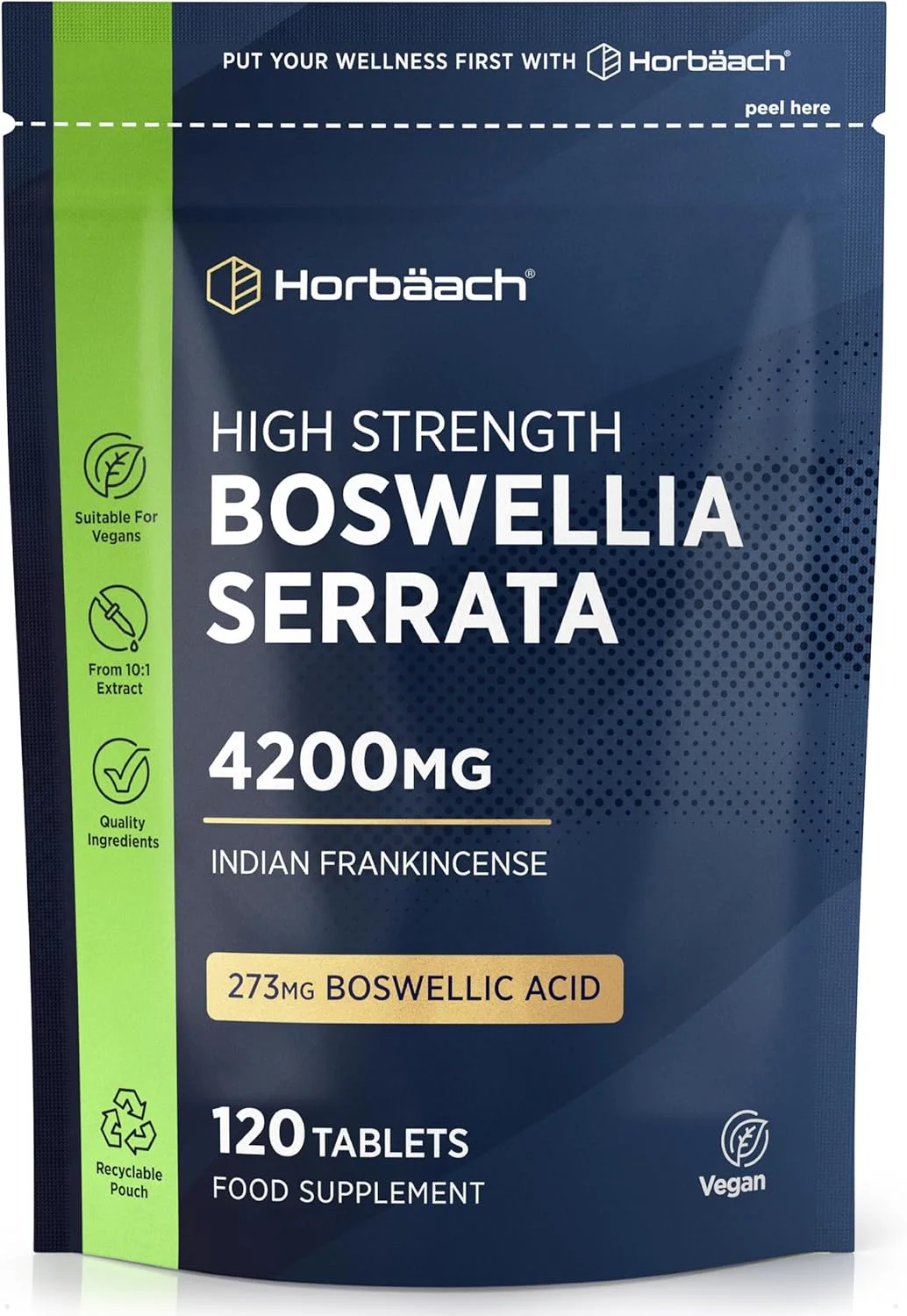 عصاره بوسولیا سراتا 4200 میلی گرم | 65% (273 میلی گرم) اسید بوسولیک | 120 قرص گیاهی | مکمل کندر هندی | توسط Horbaach