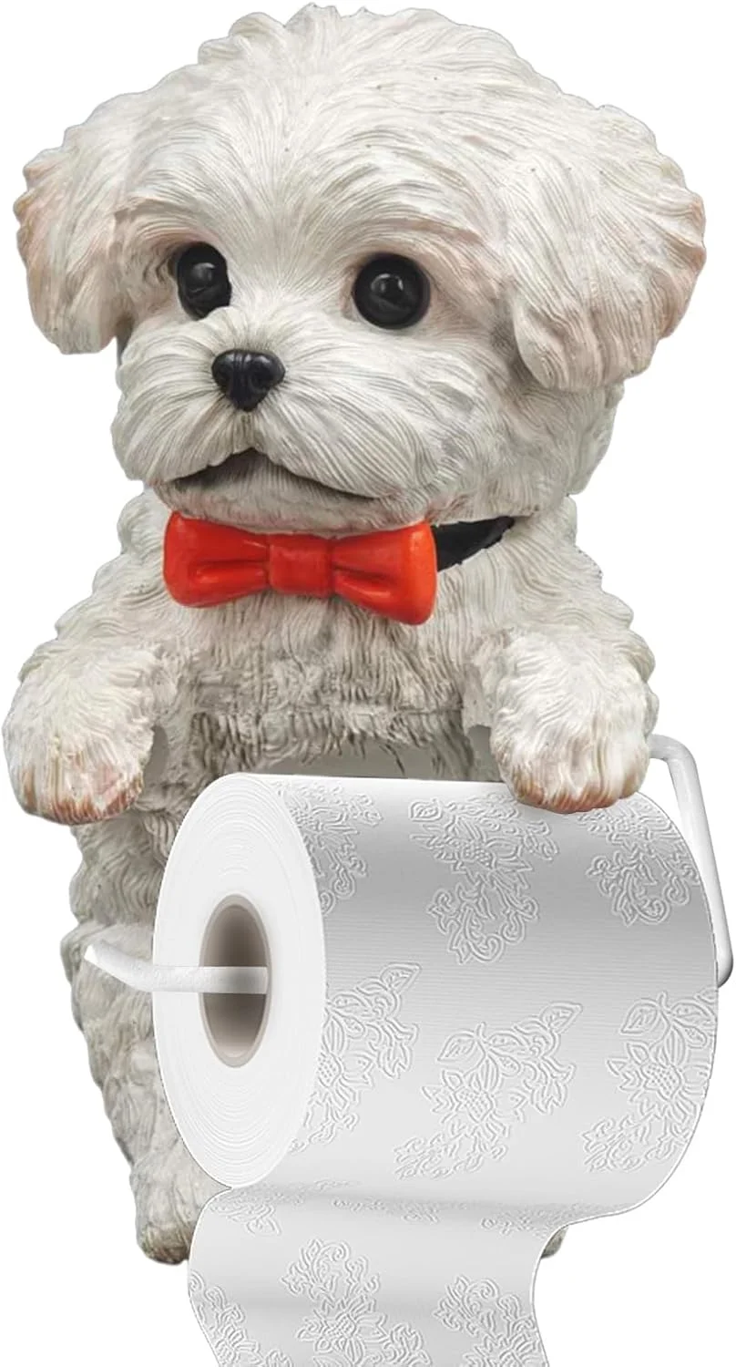جا دستمال کاغذی رولی ایستاده طرح سگ | نگهدارنده دستمال توالت سگ برای حمام | پخش کننده رول رزینی، دکور زیبا، قفسه لوازم جانبی حمام برای هتل، خانه و کاروان