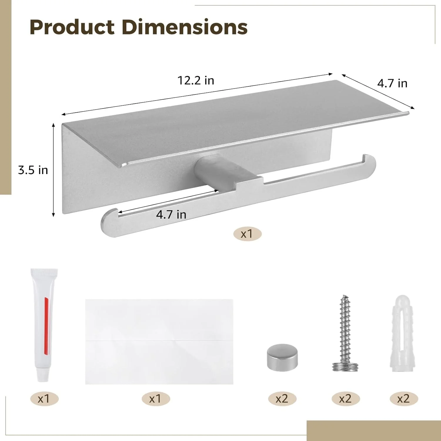 جا دستمال کاغذی دو قلو با قفسه، آویز دستمال کاغذی دیواری، نگهدارنده دستمال توالت برای حمام، آلومینیوم فضایی، نصب با دریل یا چسب خودچسب
