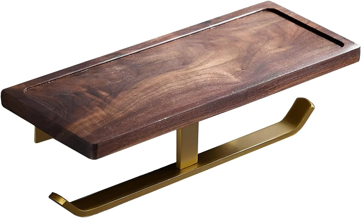 جا دستمال کاغذی دوقلو LIU با قفسه نگهداری گردویی، میله آلومینیومی طلایی، پخش کننده دستمال کاغذی دیواری حمام