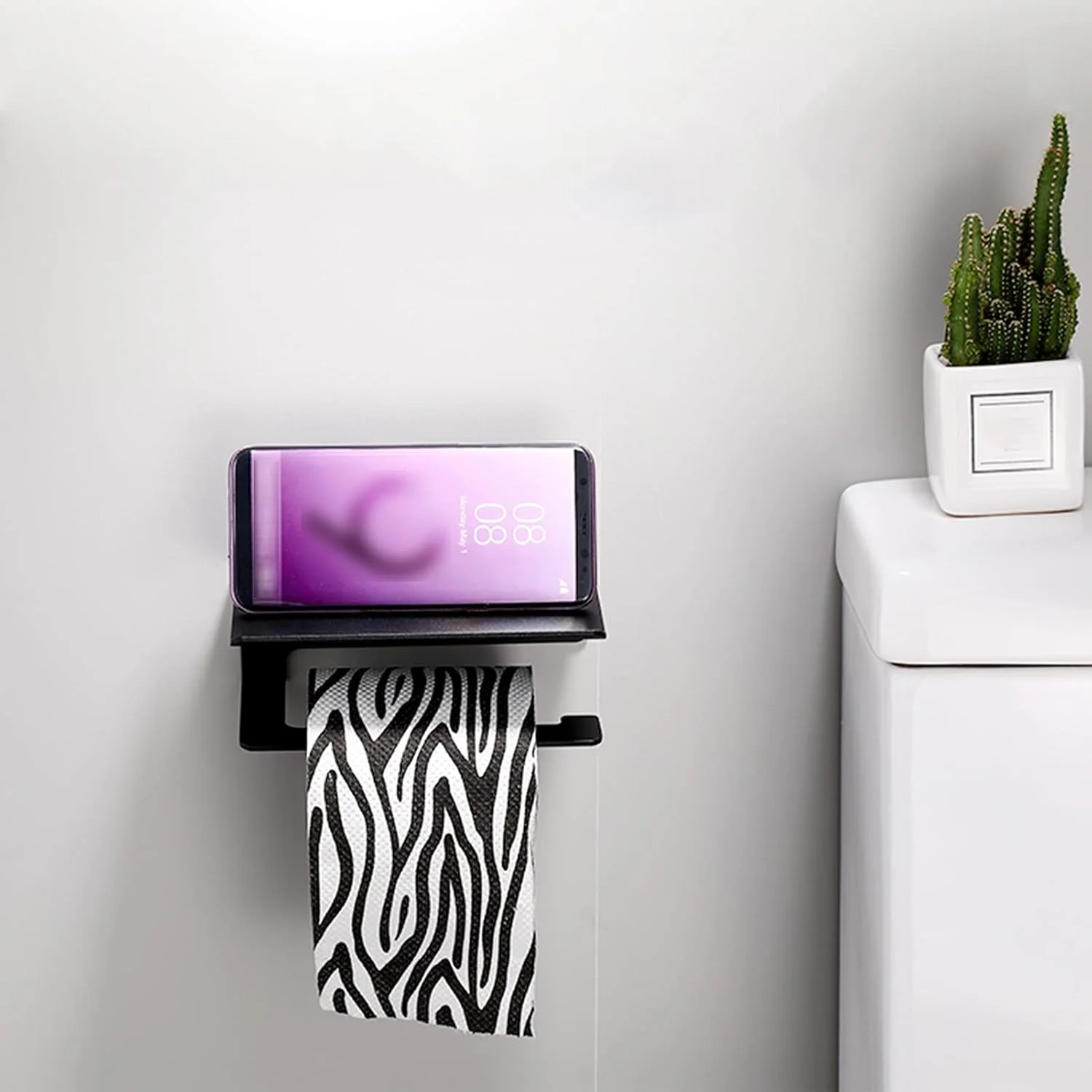 LIU- جا دستمال کاغذی توالت با قفسه، جنس آلومینیوم فضایی مشکی مات، یکپارچه و بادوام، نصب دیواری