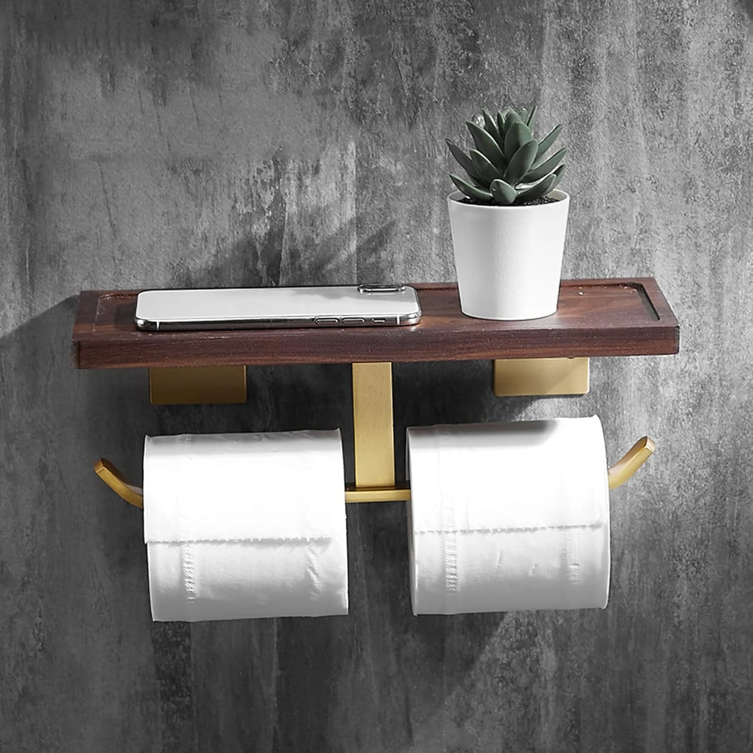 جا دستمال کاغذی دوقلو LIU با قفسه نگهداری گردویی، میله آلومینیومی طلایی، پخش کننده دستمال کاغذی دیواری حمام