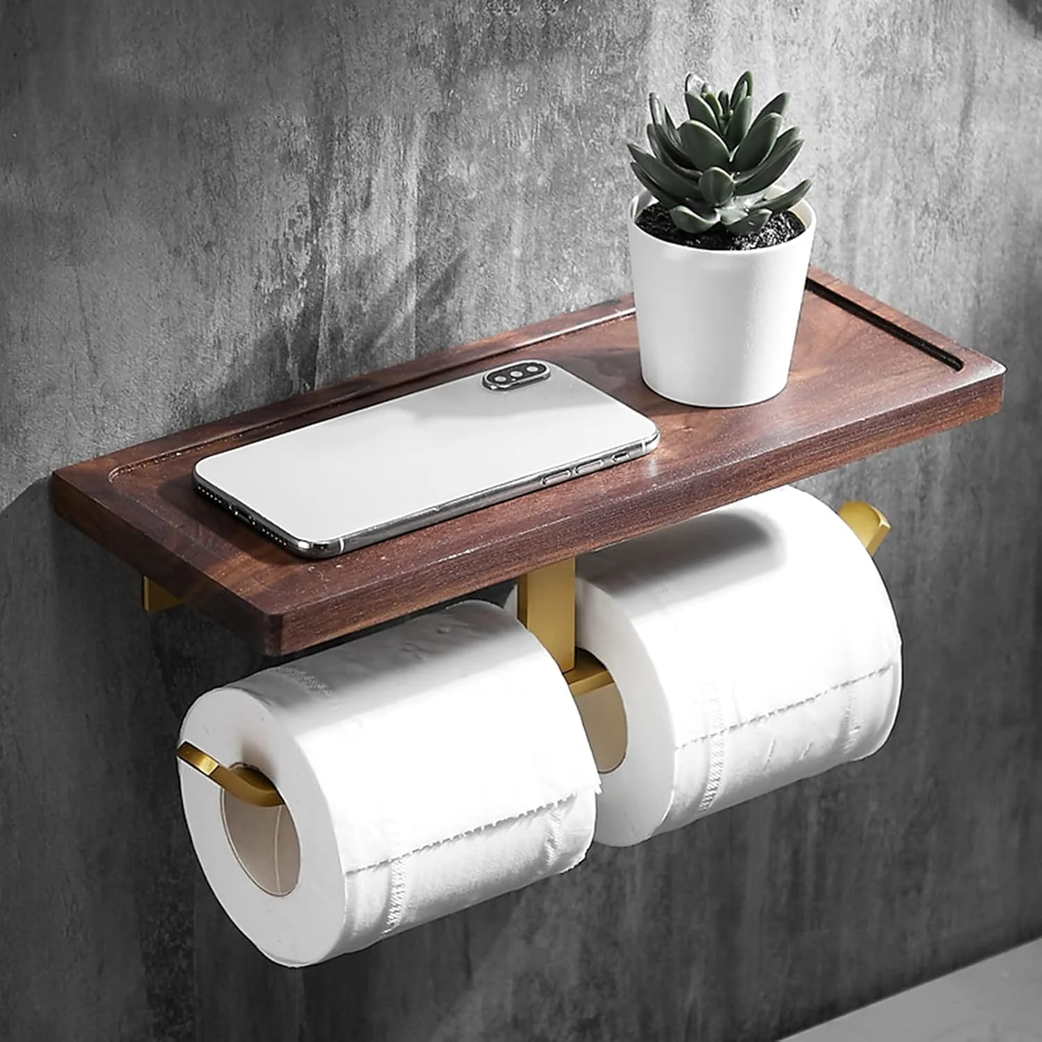 جا دستمال کاغذی دوقلو LIU با قفسه نگهداری گردویی، میله آلومینیومی طلایی، پخش کننده دستمال کاغذی دیواری حمام