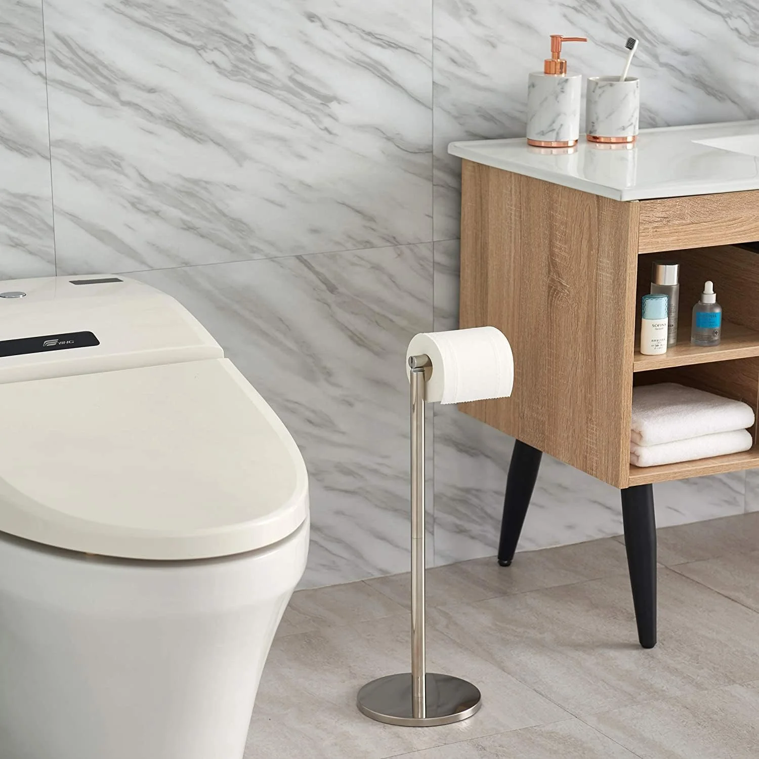 جا دستمال کاغذی ایستاده استیل ضد زنگ TMOHRA مناسب برای سرویس بهداشتی، ظرفیت 5 رول دستمال کاغذی - رنگ نیکل برس خورده