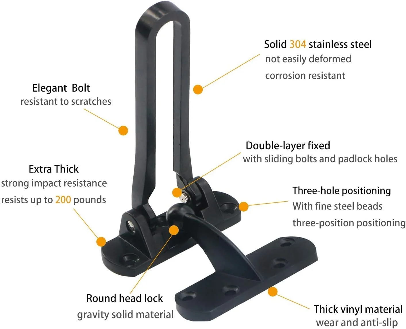 قفل درب امنیتی KASTWAVE، محافظ درب میله ای چرخشی برای کودکان، قفل درب هتل، قفل تقویت شده آلیاژ روی جامد ضخیم، قفل تقویت درب برای درهای چرخشی، مشکی 2 عددی
