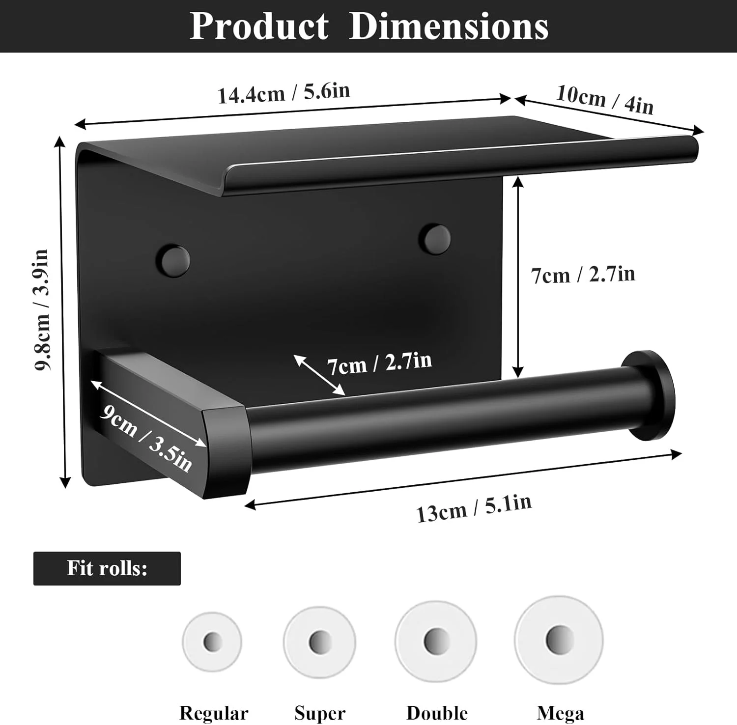 نگهدارنده دستمال توالت Tindbea با قفسه، نگهدارنده رول دستمال توالت چسبی یا دیواری، نگهدارنده رول دستمال کاغذی حمام استیل ضد زنگ (مشکی)
