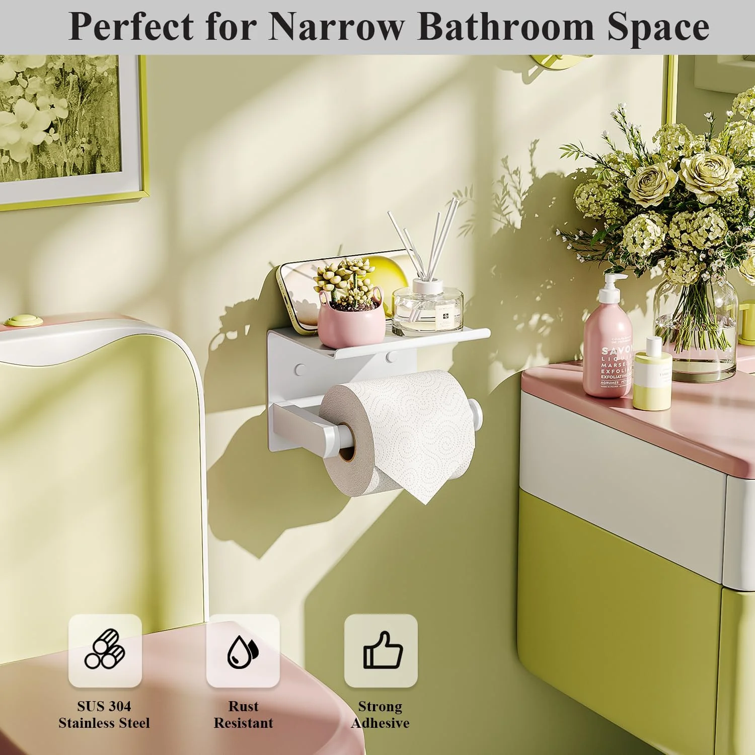 نگهدارنده دستمال توالت Tindbea با قفسه تلفن، نصب دیواری چسبی یا پیچی، پخش کننده ذخیره سازی چند منظوره ضد زنگ از جنس استنلس استیل (سفید)