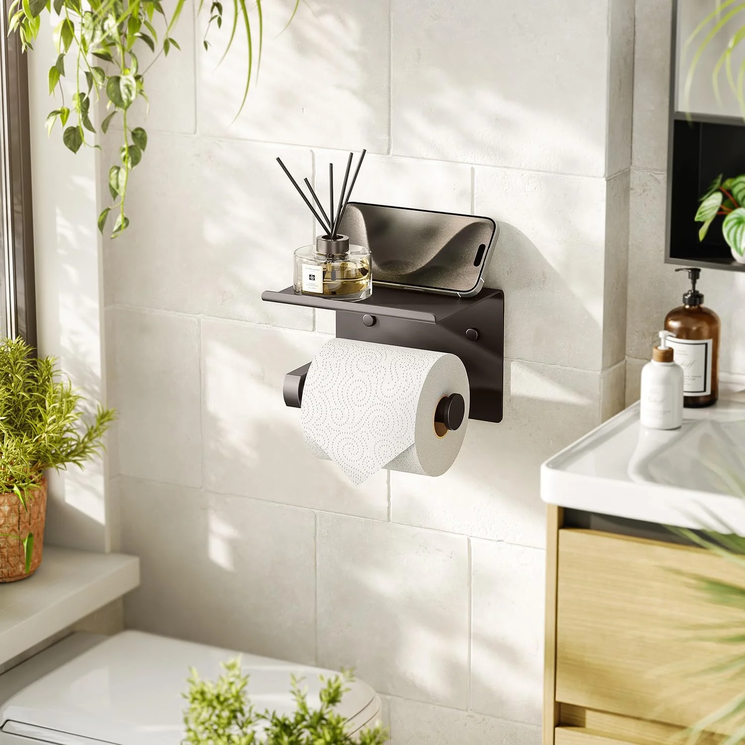 جا دستمال توالت Tindbea با قفسه تلفن، نگهدارنده رول دستمال کاغذی دیواری چسبی یا پیچی، پخش کننده ذخیره سازی حمام استیل ضد زنگ و چند منظوره (برنزی)