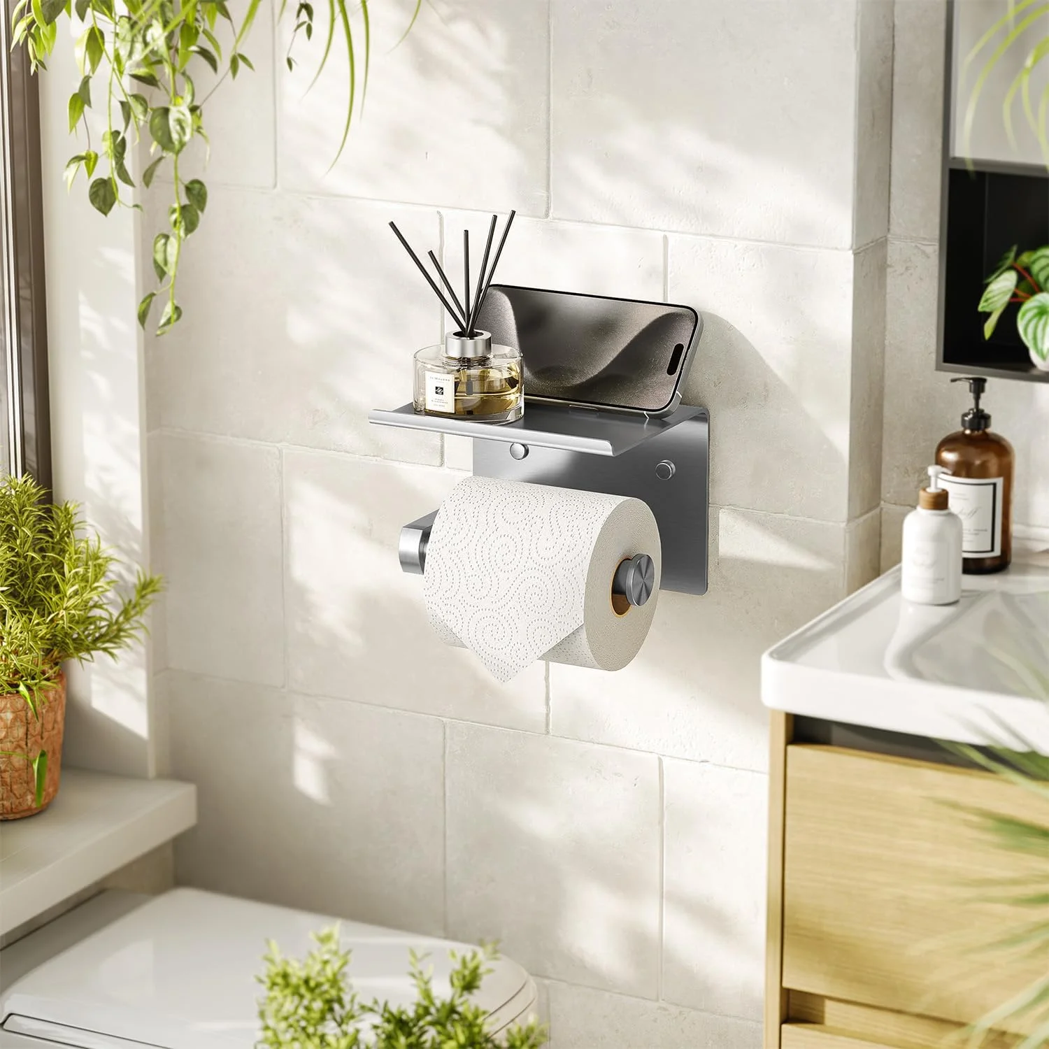 نگهدارنده دستمال توالت Tindbea با قفسه تلفن، نگهدارنده رول دستمال کاغذی دیواری چسبی یا پیچی، پخش کننده ذخیره سازی حمام استیل ضد زنگ چند منظوره (نیکل برس خورده)