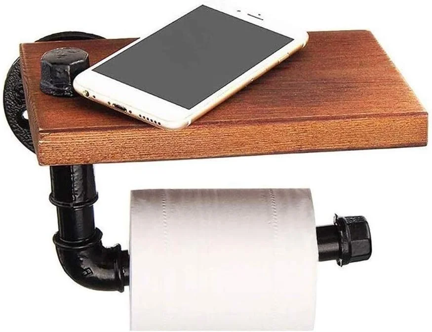 نگهدارنده دستمال کاغذی و جا کاغذی با قفسه برای نصب آسان در آشپزخانه و رختشورخانه، نگهدارنده کاغذ توالت چوبی