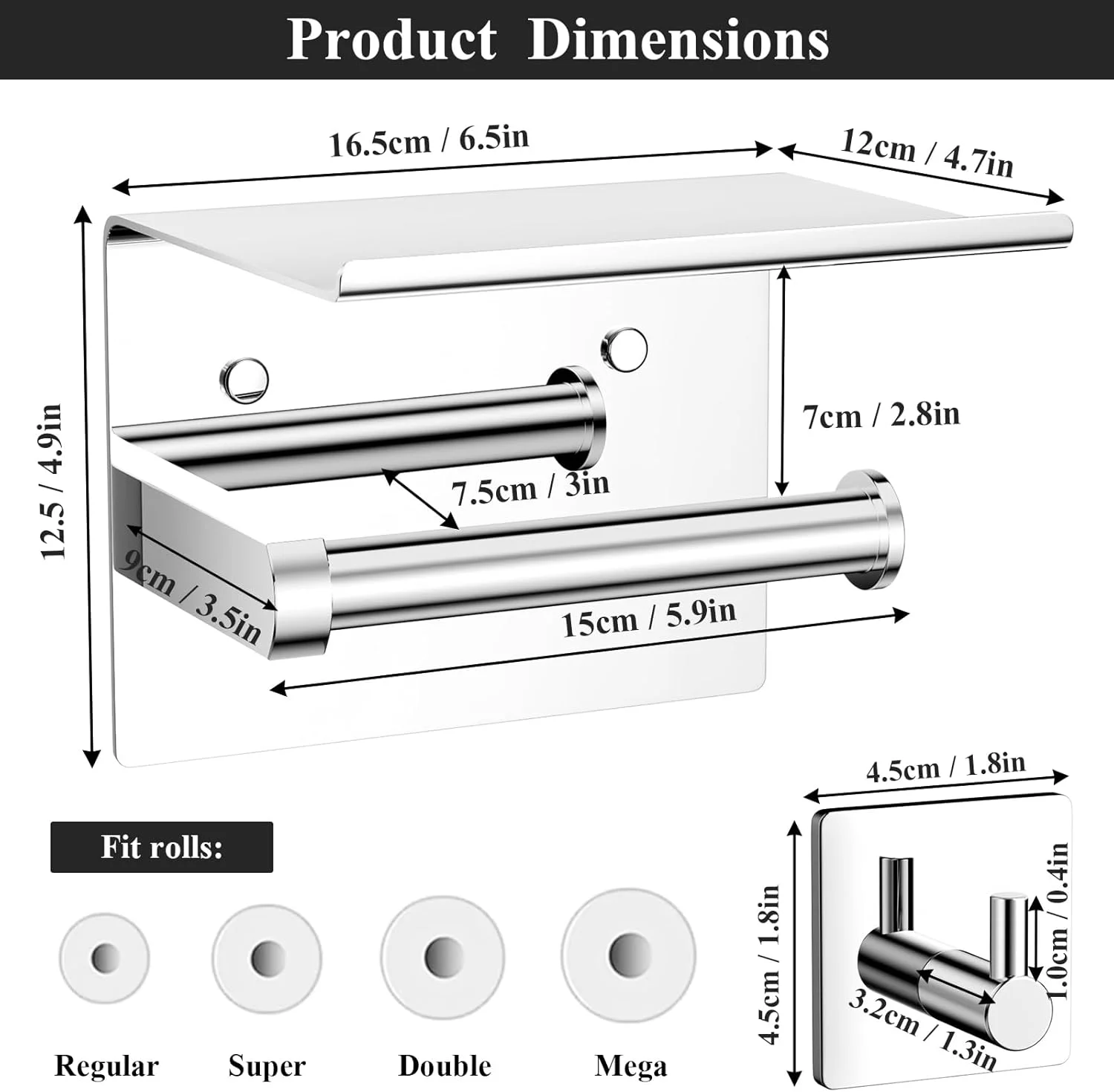 جا دستمال کاغذی بزرگ Tindbea با قفسه + قلاب حوله و لباس، نصب دیواری با چسب یا پیچ، ست لوازم جانبی حمام استیل ضد زنگ (کروم براق)