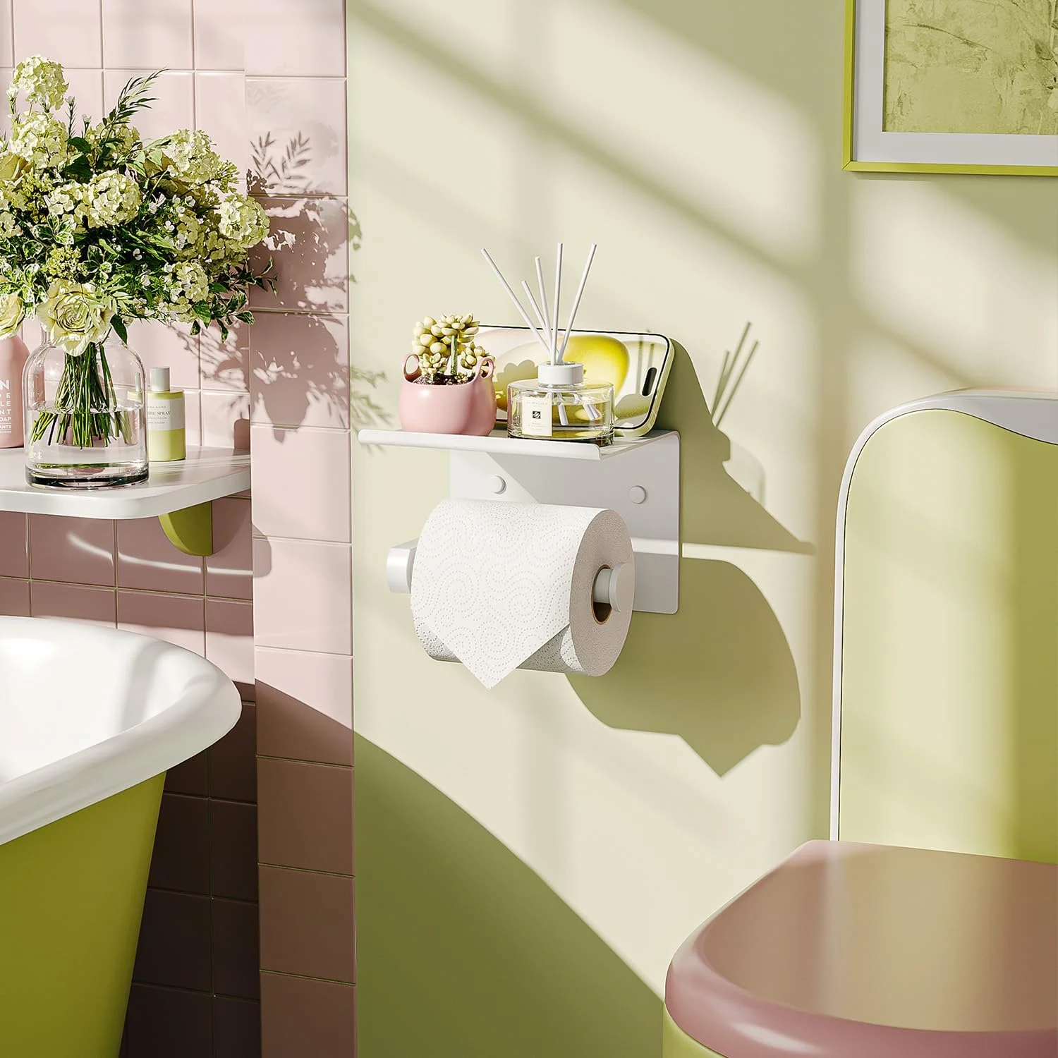 جا دستمال توالت Tindbea با قفسه تلفن، نگهدارنده رول دستمال کاغذی دیواری چسبی یا پیچی، ضد زنگ و چند منظوره از جنس استیل ضد زنگ (سفید)