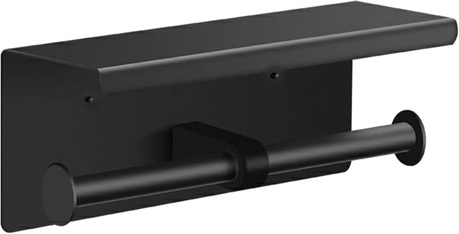 نگهدارنده دو قلو دستمال توالت T2H مشکی مات با قفسه - استیل ضد زنگ چسبی یا دیواری برای حمام (دوتایی)