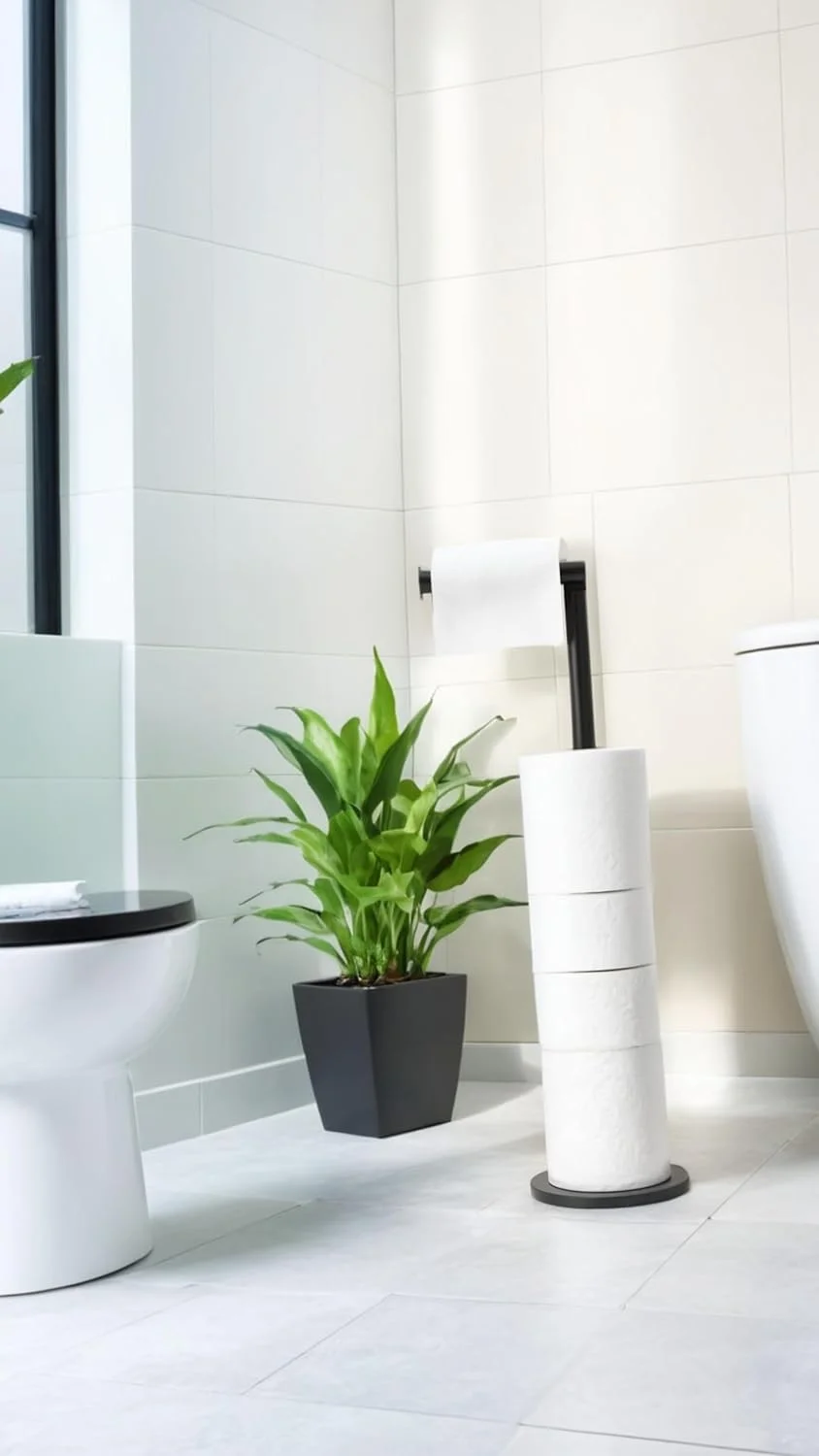 Sweet seven Black Freestanding Toilet Paper Holder - Stainless Steel Storage for 5 Rolls, Rust-Proof Pedestal Stand, Large Capacity Bathroom Cabinet