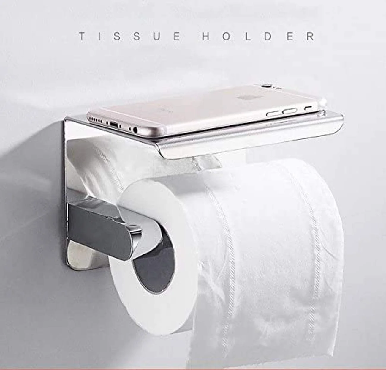 جا دستمال کاغذی توالت SYOSI بدون نیاز به سوراخ کاری، استیل ضد زنگ خود چسب، مناسب آشپزخانه و حمام به همراه جای موبایل