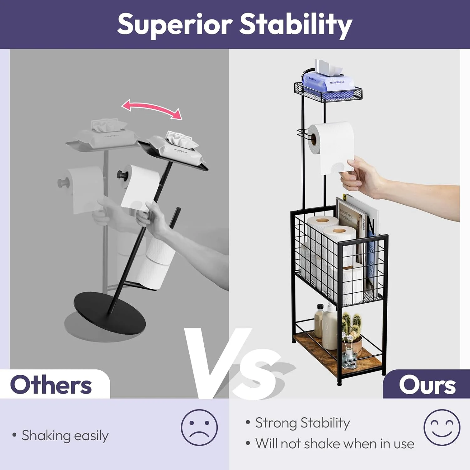 جای دستمال توالت ایستاده SWTYMIKI - استند نگهدارنده دستمال توالت 4 طبقه با قفسه، قفسه ذخیره سازی حمام برای رول های اضافی، مجلات، دستمال مرطوب و لوازم ضروری حمام، مشکی