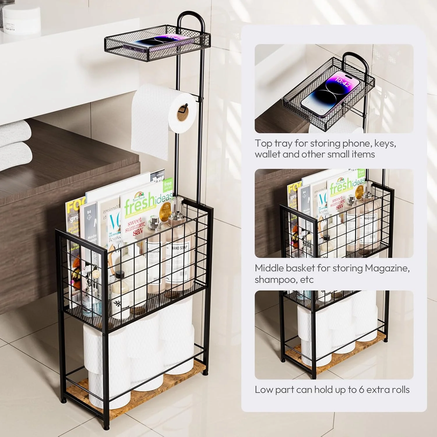 جای دستمال توالت ایستاده SWTYMIKI - استند نگهدارنده دستمال توالت 4 طبقه با قفسه، قفسه ذخیره سازی حمام برای رول های اضافی، مجلات، دستمال مرطوب و لوازم ضروری حمام، مشکی
