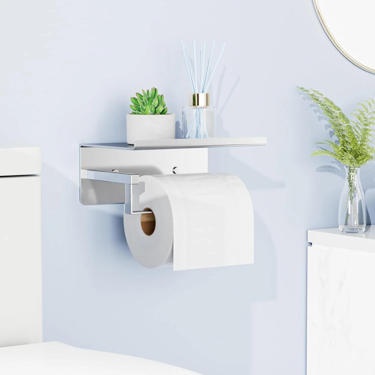 جا دستمال توالت کروم susswiff، نصب دیواری - جا دستمال کاغذی خود چسب، جا دستمال توالت، جا دستمال توالت چسبی با قفسه، جا دستمال توالت حمام، نقره ای، استیل ضد زنگ