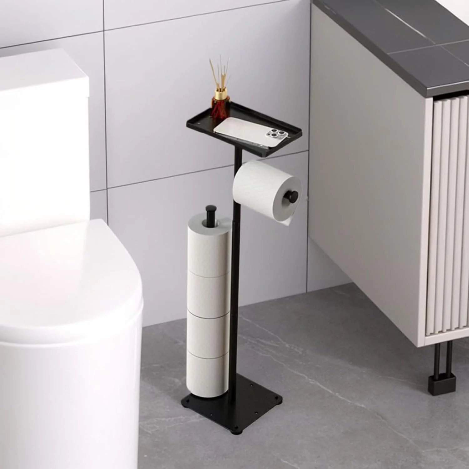 جا دستمال کاغذی توالت SUPERPENG، جا رولی توالت ایستاده، استند نگهداری دستمال توالت برای 3-4 رول با پایه سنگین و مکنده، استند نگهدارنده دستمال توالت با سینی برای حمام