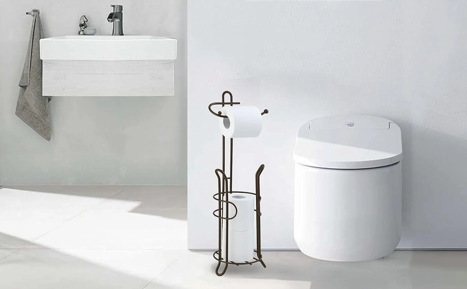 جای دستمال توالت SunnyPoint با محفظه ذخیره سازی، فضای کافی برای نگهداری رول های بزرگ؛ روکش برنزی