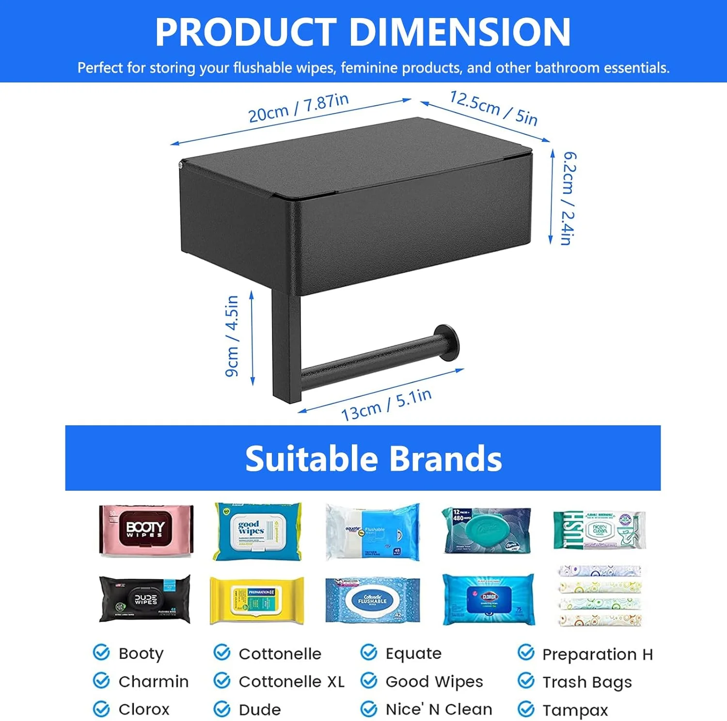 نگهدارنده رول توالت با قفسه، نگهدارنده رول توالت 2 در 1 با جعبه ذخیره سازی، نگهدارنده کاغذ توالت استیل ضد زنگ مشکی، قابل نصب روی دیوار/خود چسب برای توالت، حمام، آشپزخانه (نصب شده)