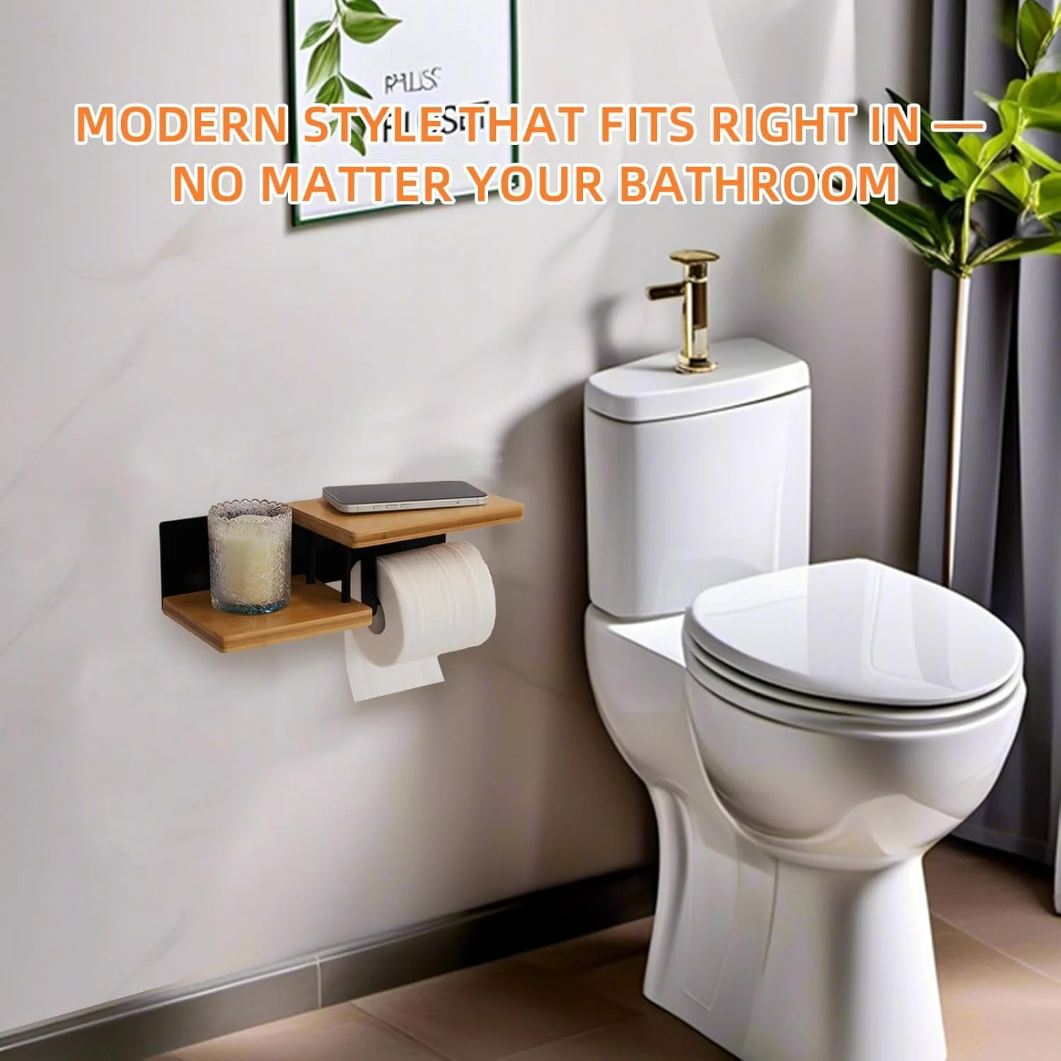 نگهدارنده کاغذ توالت چوبی روستیک با قفسه تلفن و محل نگهداری دستمال مرطوب، قابل نصب روی دیوار با چسب یا پیچ، نگهدارنده رول دستمال کاغذی بامبو برای سازماندهی حمام