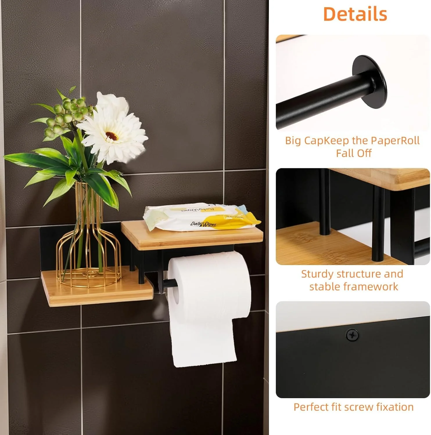 نگهدارنده کاغذ توالت چوبی روستیک با قفسه تلفن و محل نگهداری دستمال مرطوب، قابل نصب روی دیوار با چسب یا پیچ، نگهدارنده رول دستمال کاغذی بامبو برای سازماندهی حمام