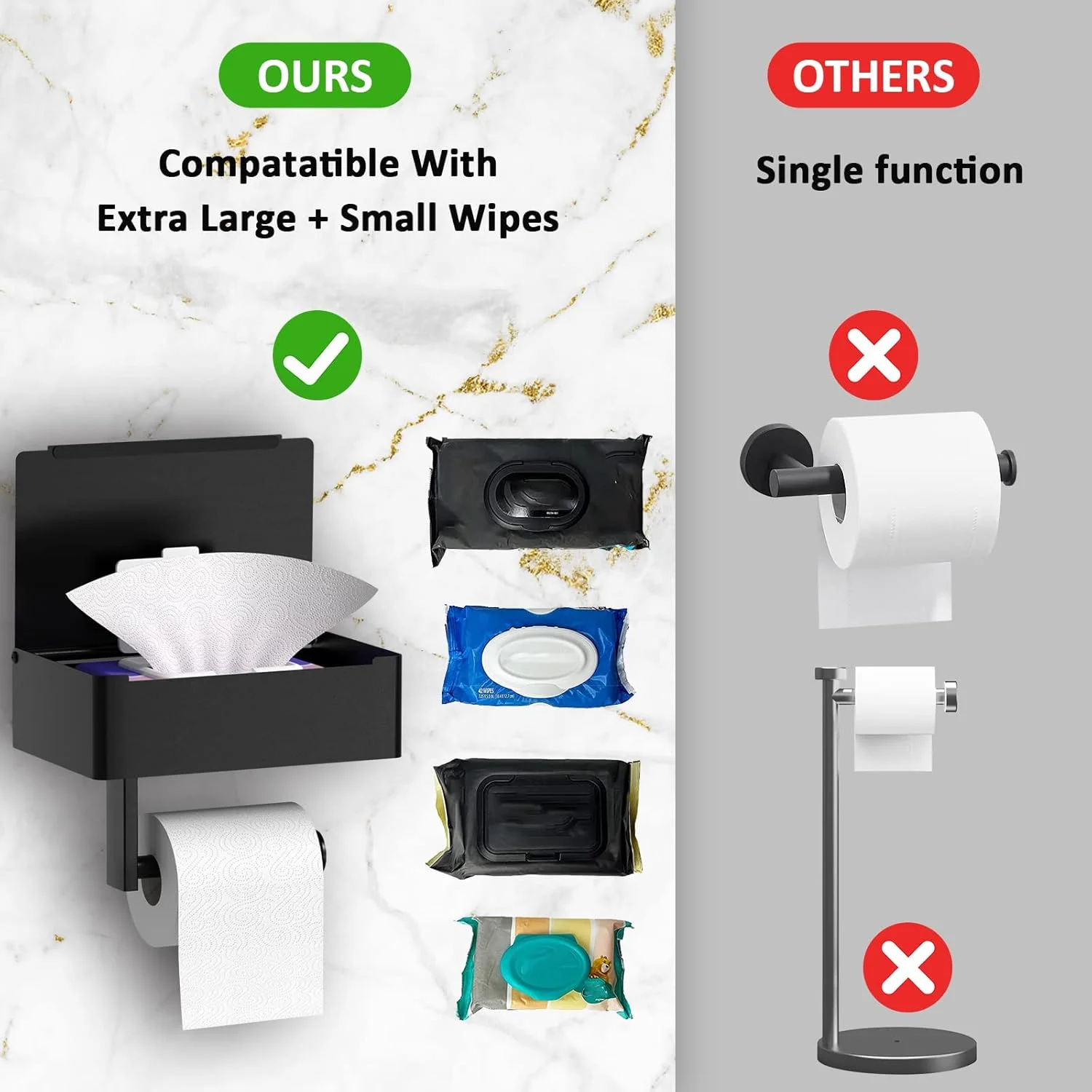 جا دستمال کاغذی توالت با قفسه و محفظه نگهداری دستمال مرطوب، برای حمام، دستمال های مرطوب خود را دور از دید نگه دارید، جا دستمال کاغذی رولی دیواری استیل ضد زنگ، جا دستمال کاغذی مشکی مات