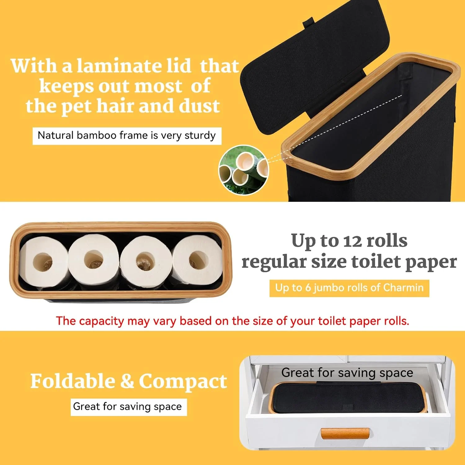 جا دستمال توالت ایستاده، سبد نگهدارنده دستمال توالت با درب، نگهدارنده دستمال کاغذی بامبو، جعبه نظم دهنده ایستاده برای حمام و کاروان، مشکی