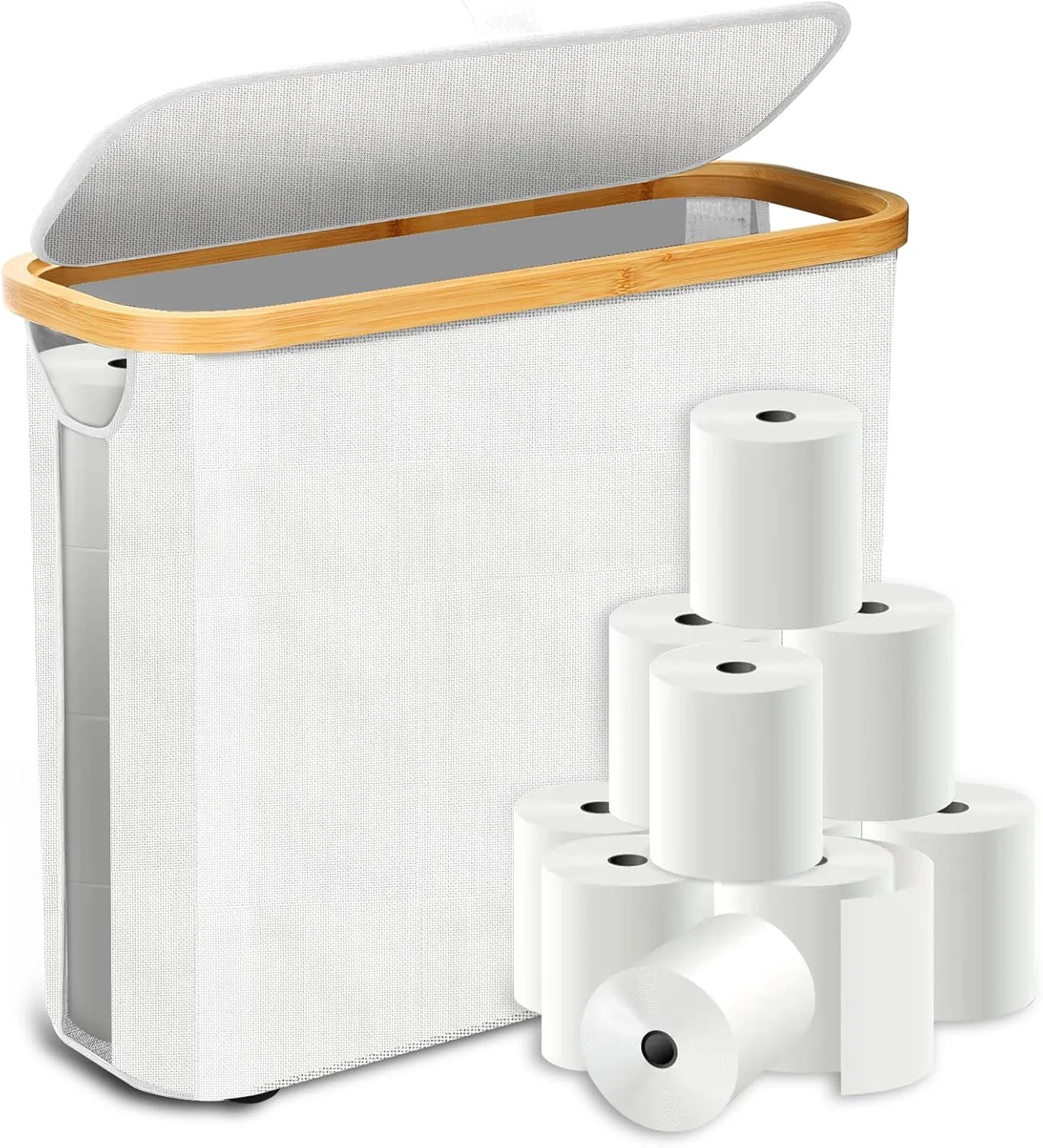 نگهدارنده کاغذ توالت درب دار، نگهدارنده تاشو بامبو برای دستمال توالت، سازمان دهنده باریک با دسته سفید برای حمام نگهدارنده کاغذ توالت درب دار، نگهدارنده تاشو بامبو برای دستمال توالت، سازمان دهنده باریک با دسته سفید برای حمام