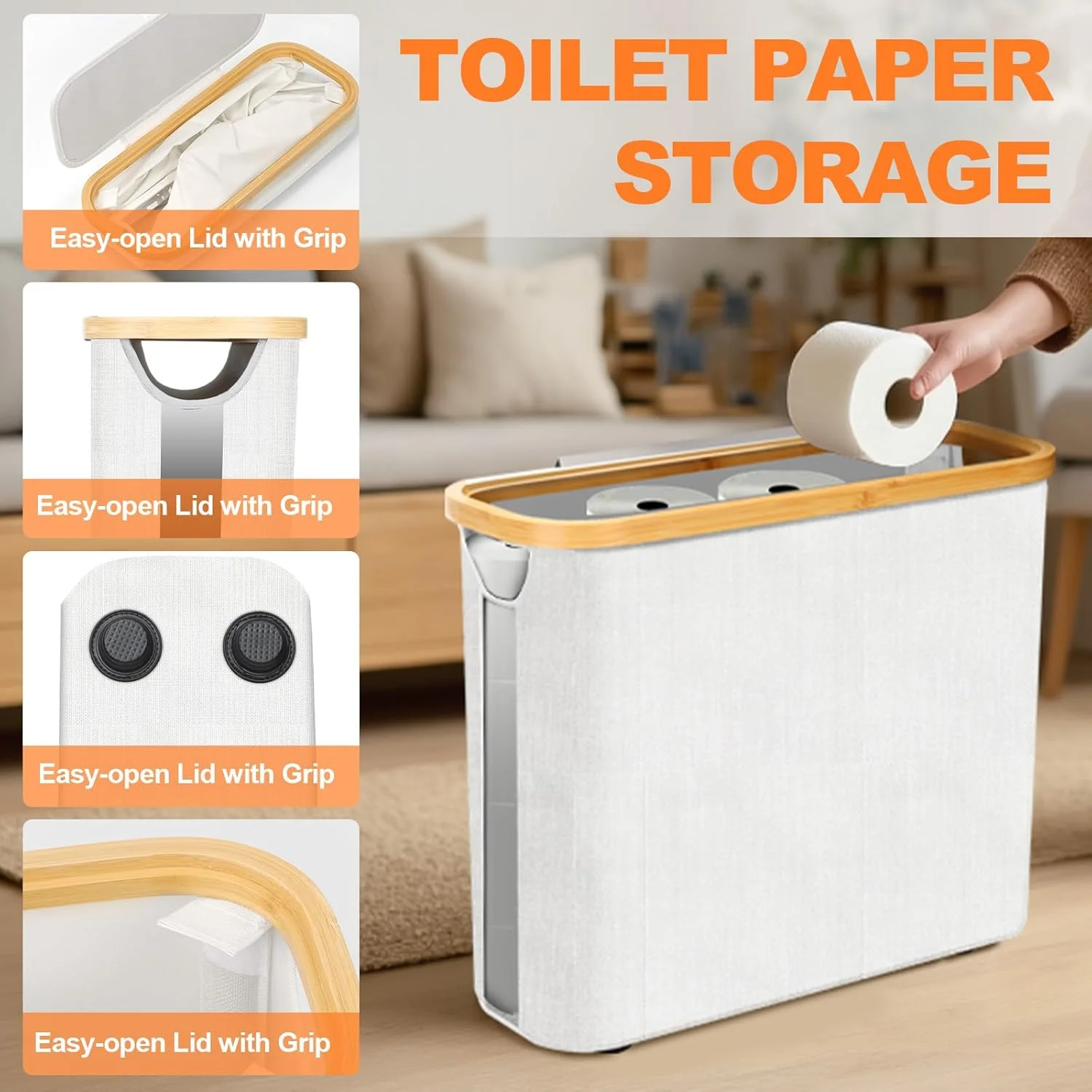 نگهدارنده کاغذ توالت درب دار، نگهدارنده تاشو بامبو برای دستمال توالت، سازمان دهنده باریک با دسته سفید برای حمام