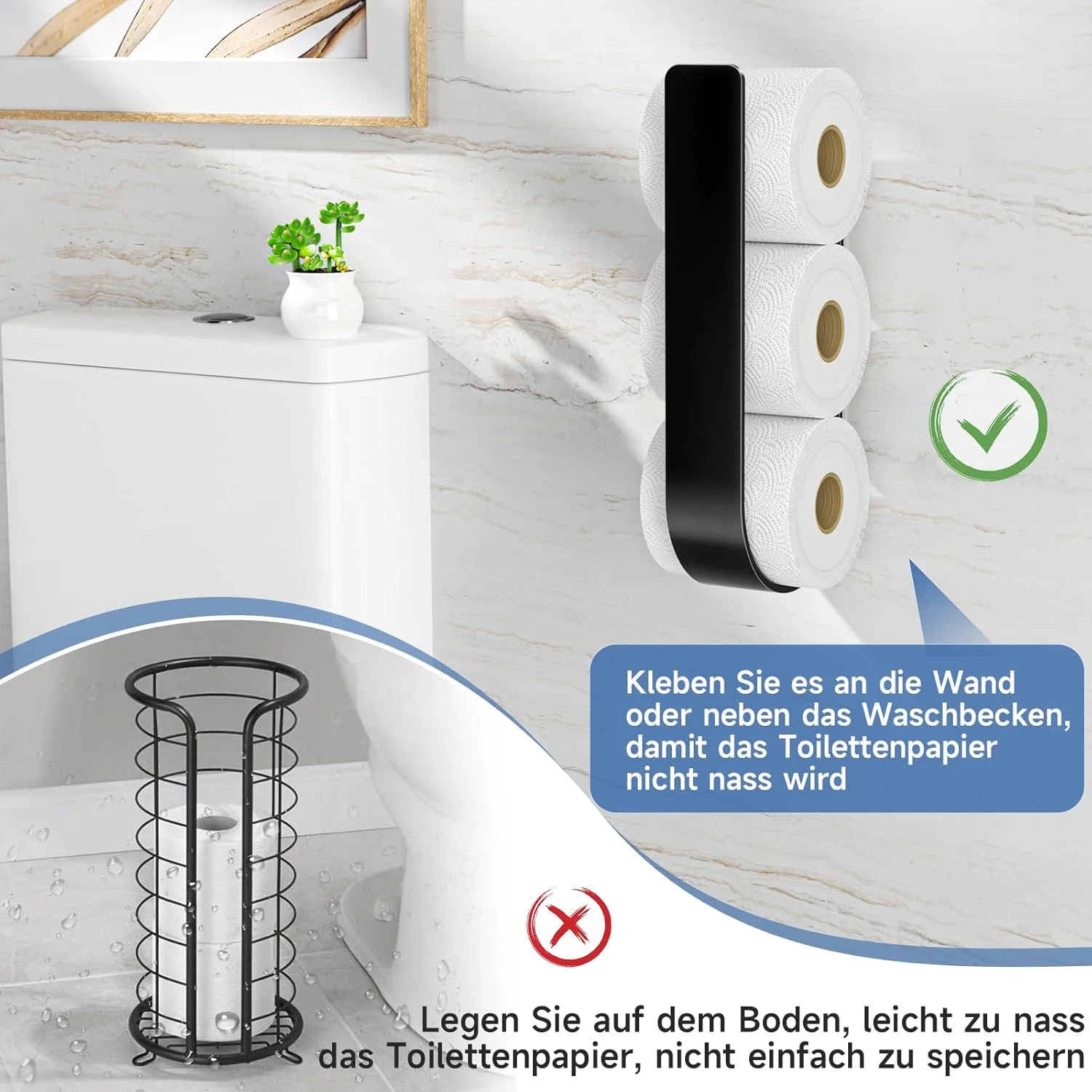 نگهدارنده کاغذ توالت، نگهدارنده کاغذ توالت خود چسب، بدون نیاز به سوراخکاری، محل نگهداری 3 رول، نگهدارنده رول جایگزین کاغذ توالت برای حمام منزل، مشکی