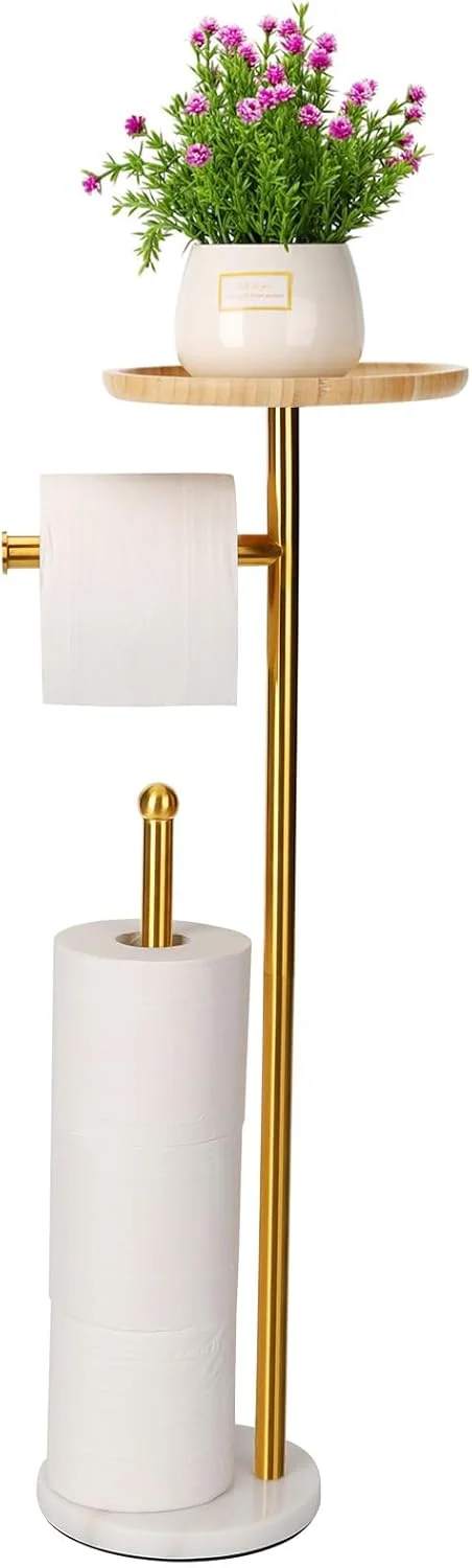 Standing Toilet Paper Holder Gold with 7.9" Big Tray, 2.2Lbs Heavier Marble Base, Freestanding Paper Holder Stand with Phone Shelf, Holds 5 Paper Rolls (Gold) Standing Toilet Paper Holder Gold with 7.9" Big Tray, 2.2Lbs Heavier Marble Base, Freestanding Paper Holder Stand with Phone Shelf, Holds 5 Paper Rolls (Gold)