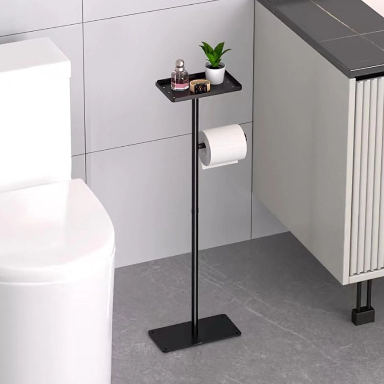 Floor Standing Toilet Paper Holder, Stainless Steel Slip Proof Design Space Saving Toilet Paper Holder Stand with Phone Shelf, for Apartment Restroom Household Home