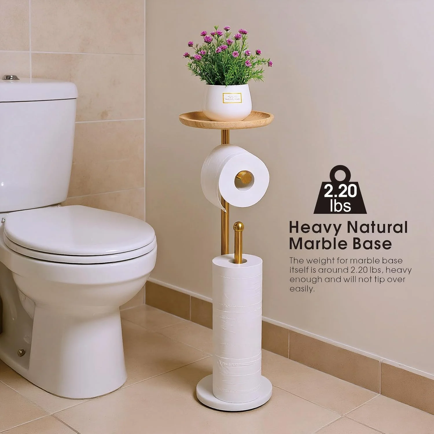Standing Toilet Paper Holder Gold with 7.9" Big Tray, 2.2Lbs Heavier Marble Base, Freestanding Paper Holder Stand with Phone Shelf, Holds 5 Paper Rolls (Gold)
