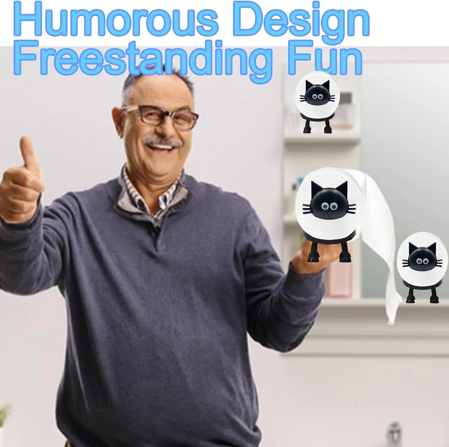 جا دستمال توالت طرح گربه، ست مشکی ایستاده برای حمام، دکوری خنده‌دار برای حمام و دفتر کار، جا دستمال کاغذی ایده‌آل برای میز، پیشخوان و کف حمام (گربه - 1 عدد)