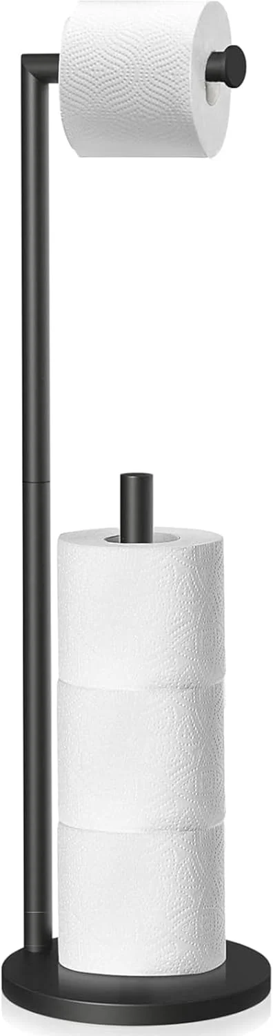 پایه نگهدارنده رول دستمال توالت ایستاده آکسومز، ظرفیت 3-4 رول بزرگ، استیل ضد زنگ نیکل برس خورده، پخش کننده رول دستمال کاغذی زاپاس ضد زنگ با پایه وزنی (مشکی)