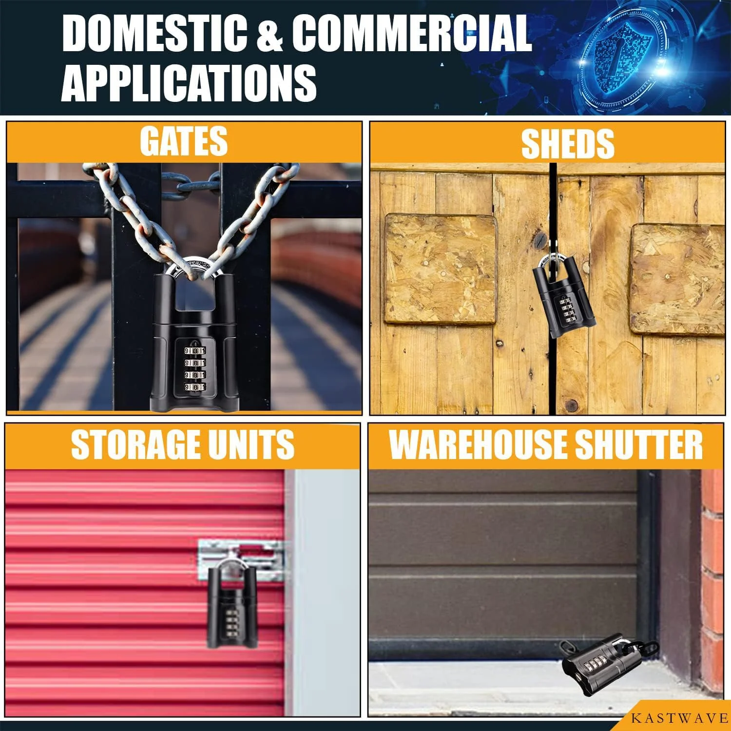قفل رمزی ترکیبی سنگین KASTWAVE، قفل 4 رقمی ضد آب با حلقه بسته، بدون نیاز به کلید، ایده آل برای سوله ها، دروازه ها، کمدهای رختکن و بست ها