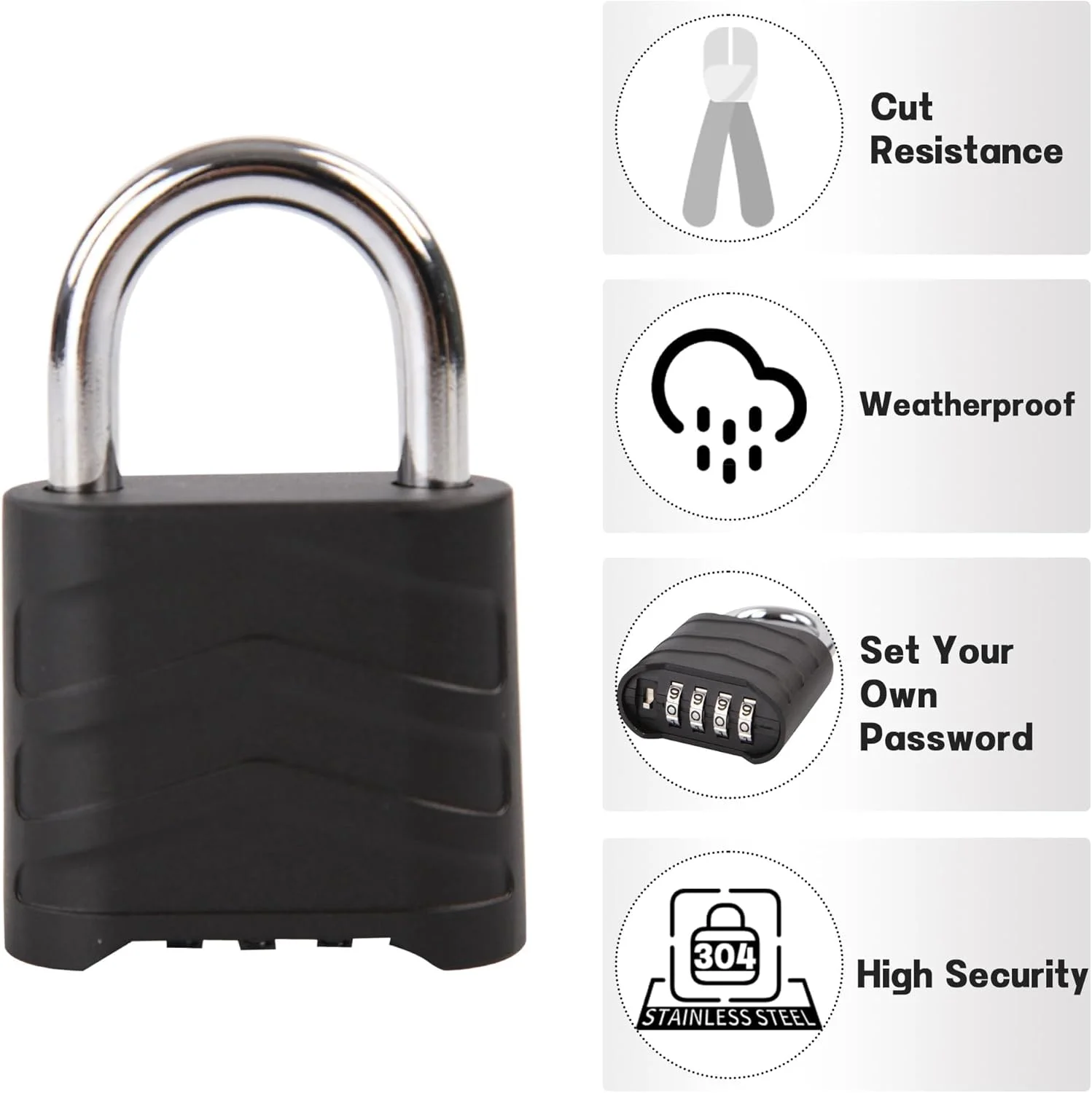 قفل رمزی ترکیبی KASTWAVE، 2 عددی، قفل 4 رقمی قابل تنظیم مجدد برای فضای باز، بدنه آلومینیومی 55 میلی متری مقاوم در برابر آب و هوا با حلقه غیرقابل برش، برای انبار، خانه، مدرسه و امنیت دروازه