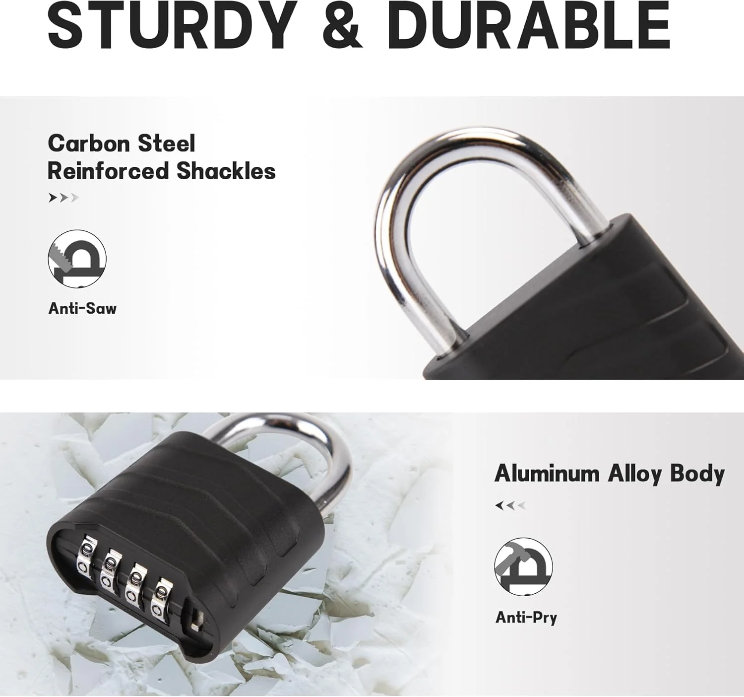 قفل رمزی ترکیبی KASTWAVE، 2 عددی، قفل 4 رقمی قابل تنظیم مجدد برای فضای باز، بدنه آلومینیومی 55 میلی متری مقاوم در برابر آب و هوا با حلقه غیرقابل برش، برای انبار، خانه، مدرسه و امنیت دروازه